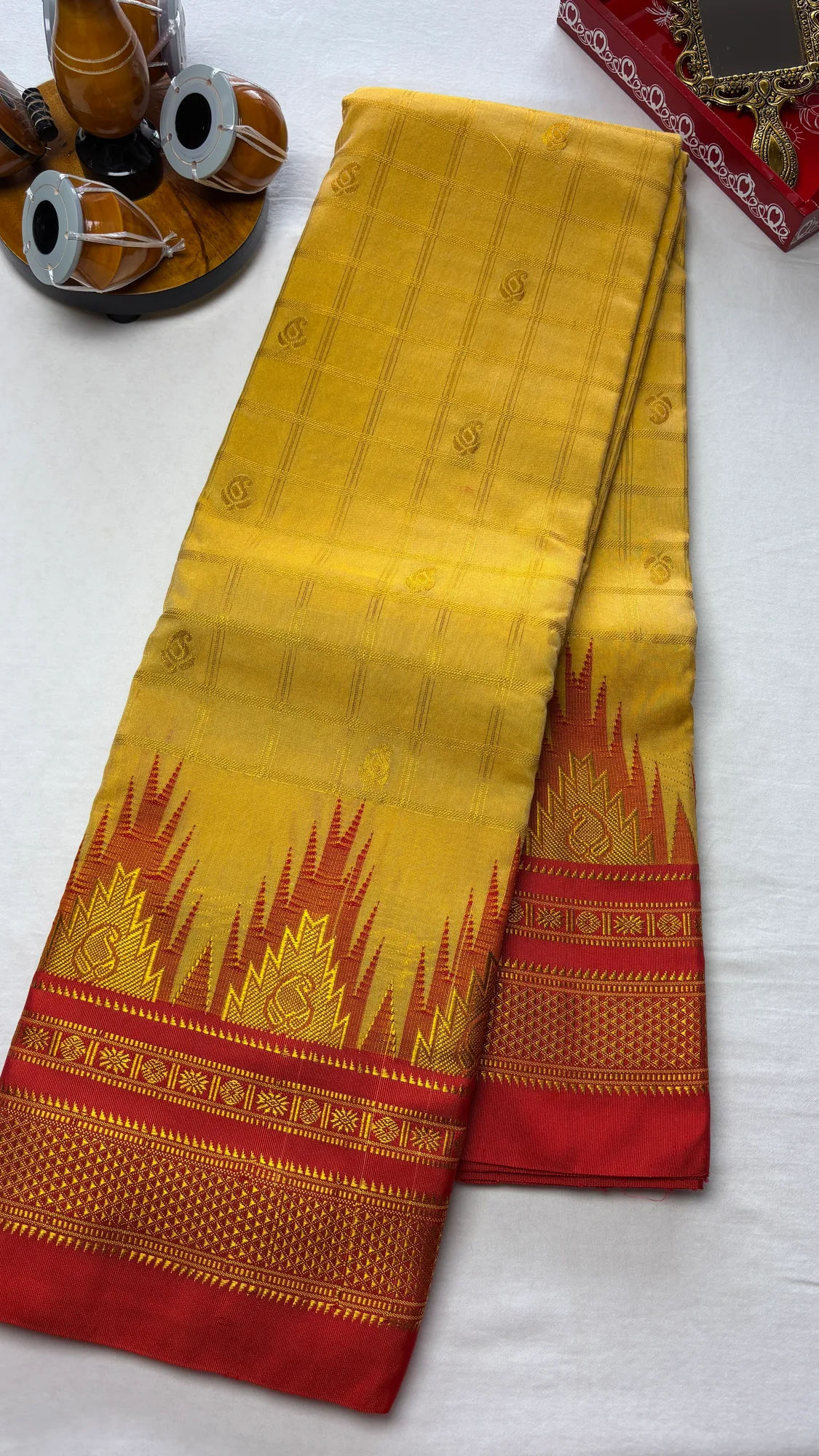Tana Silk Ilkal Saree - Light Yellow - Red