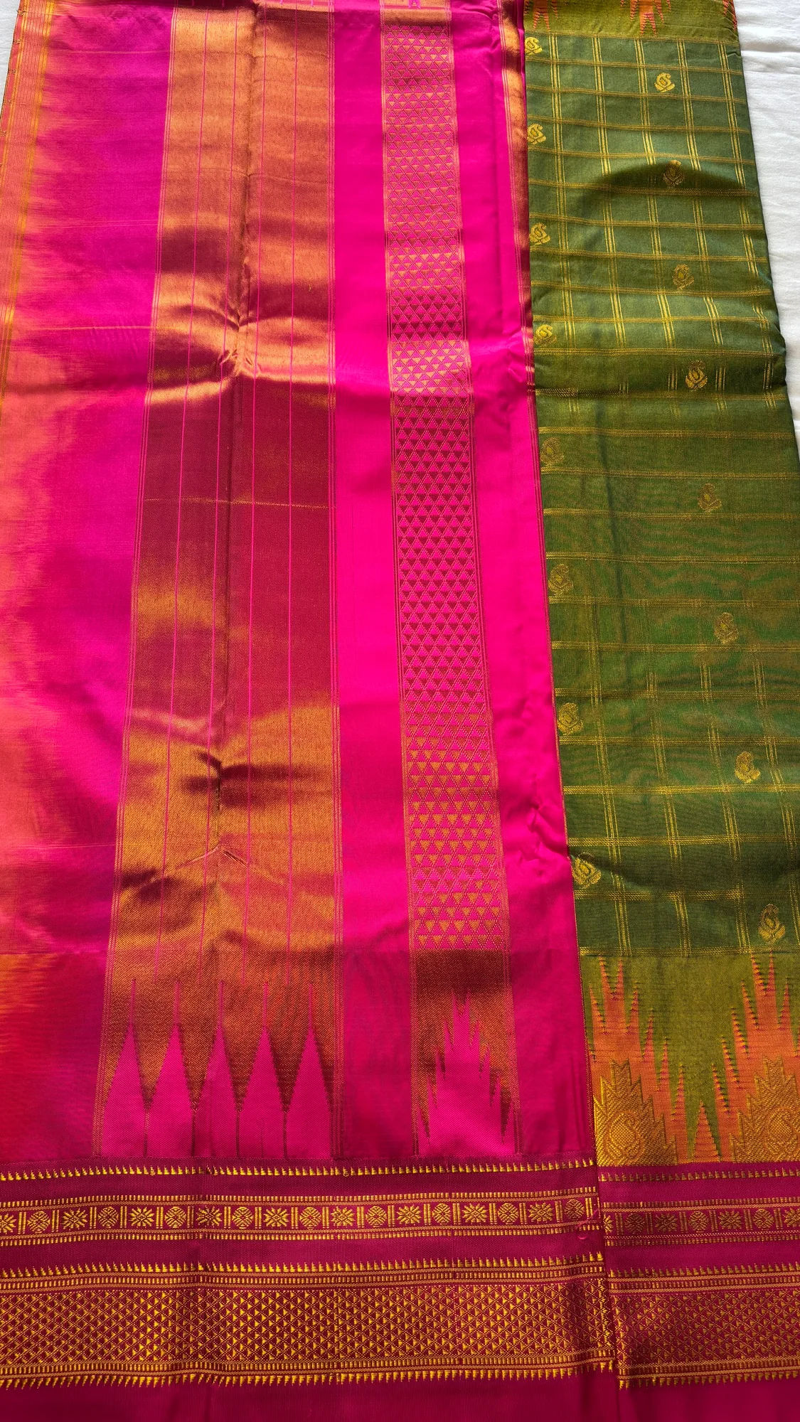 Tana Silk Ilkal Saree - Dark Olive Green - Pink authentic saree - view 3