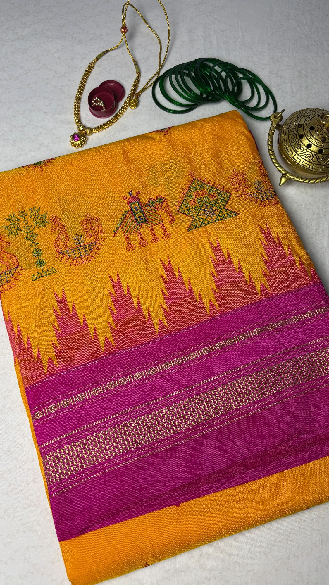 Traditional Kasuti Ilkal Saree - Yellow - Pink Border authentic saree - view 1