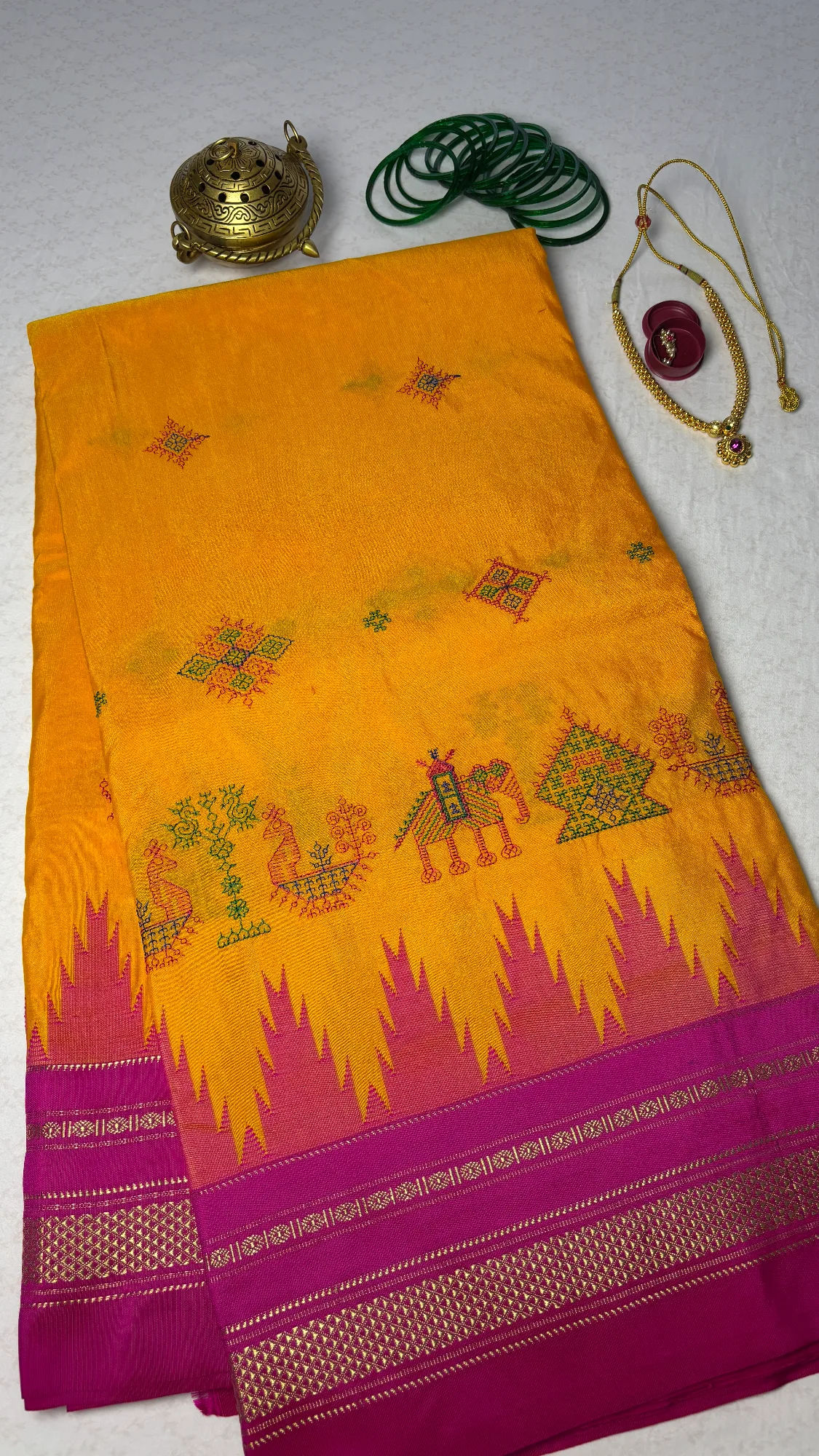 Traditional Kasuti Ilkal Saree - Yellow - Pink Border authentic saree - view 2