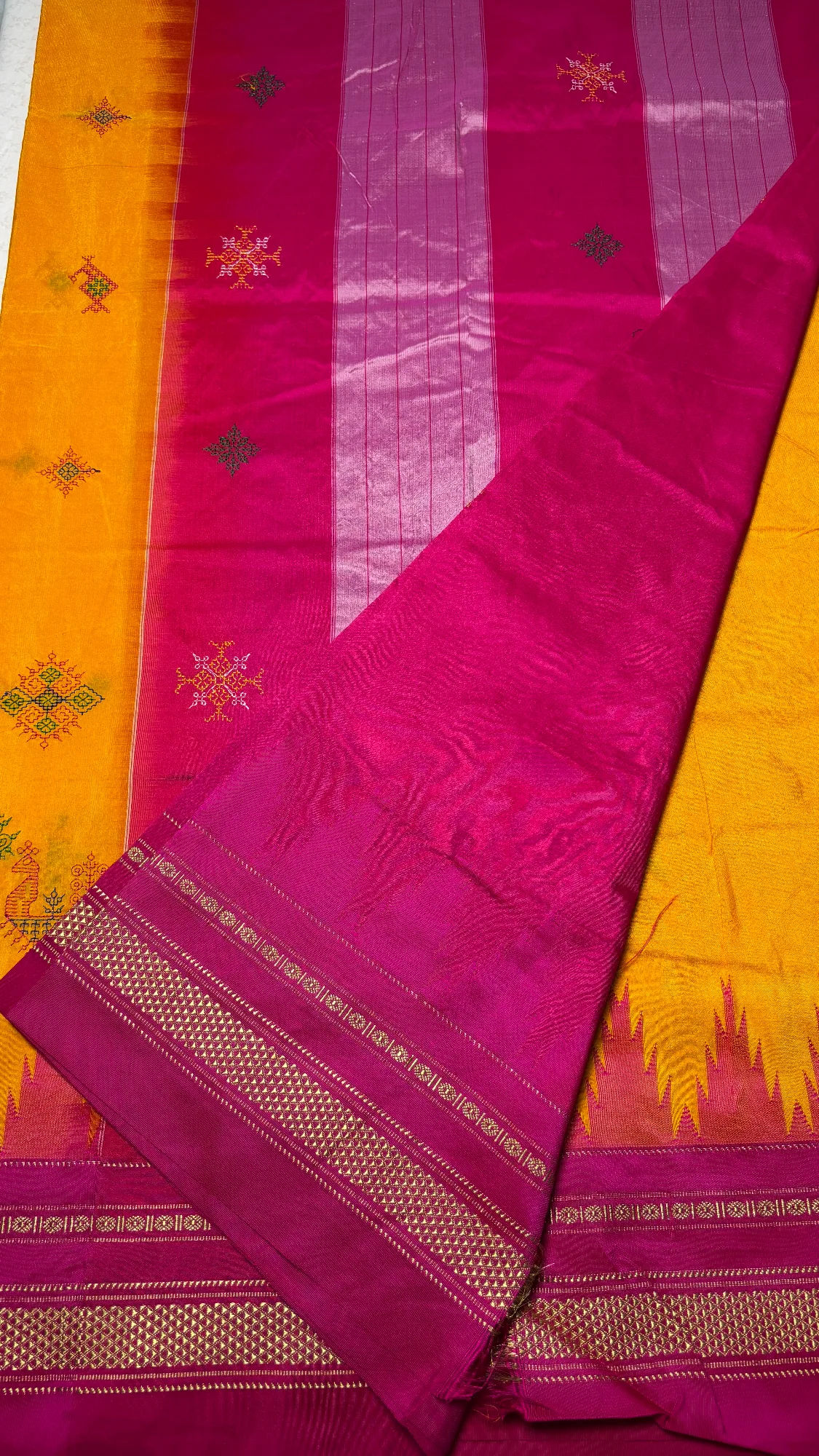 Traditional Kasuti Ilkal Saree - Yellow - Pink Border authentic saree - view 3