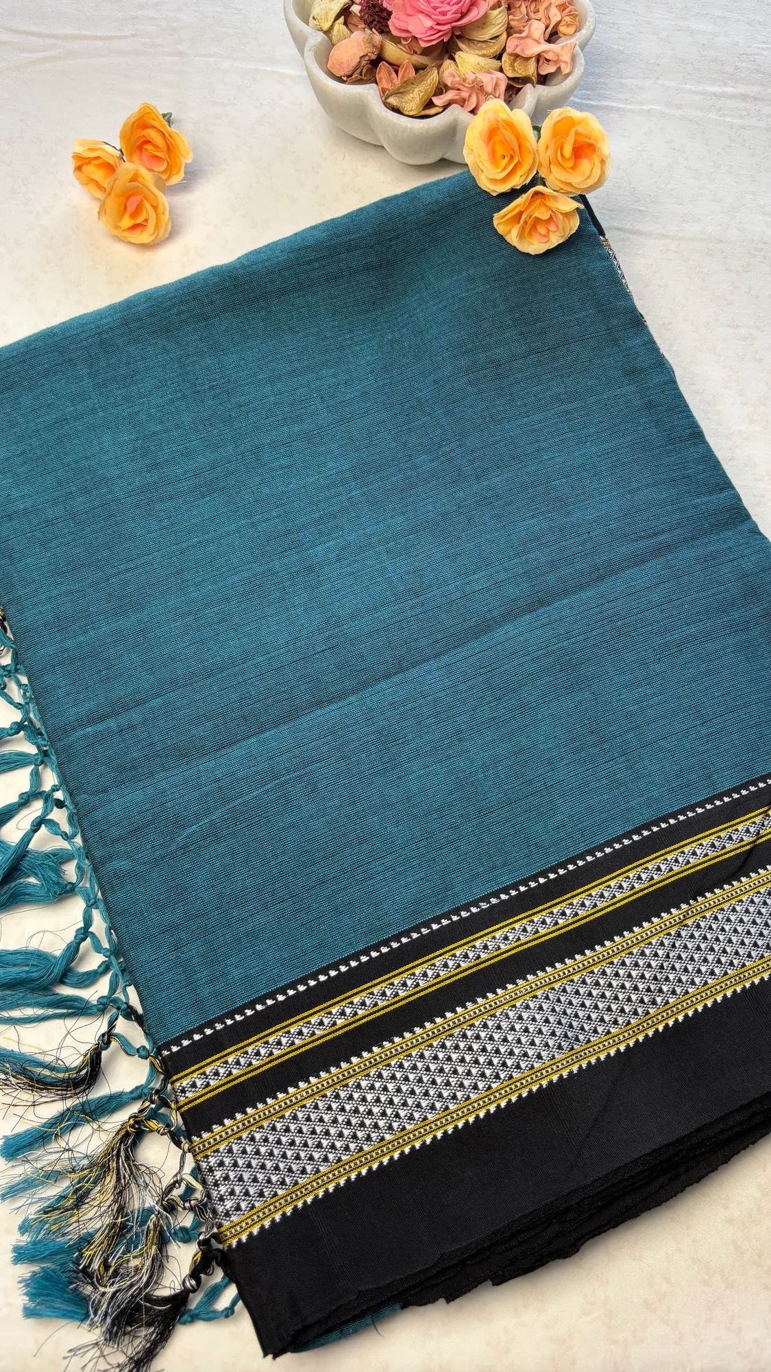 Chikki Paras Pure Cotton Handloom Ilkal Saree - Teal Blue - Black Border - Silk Pallu