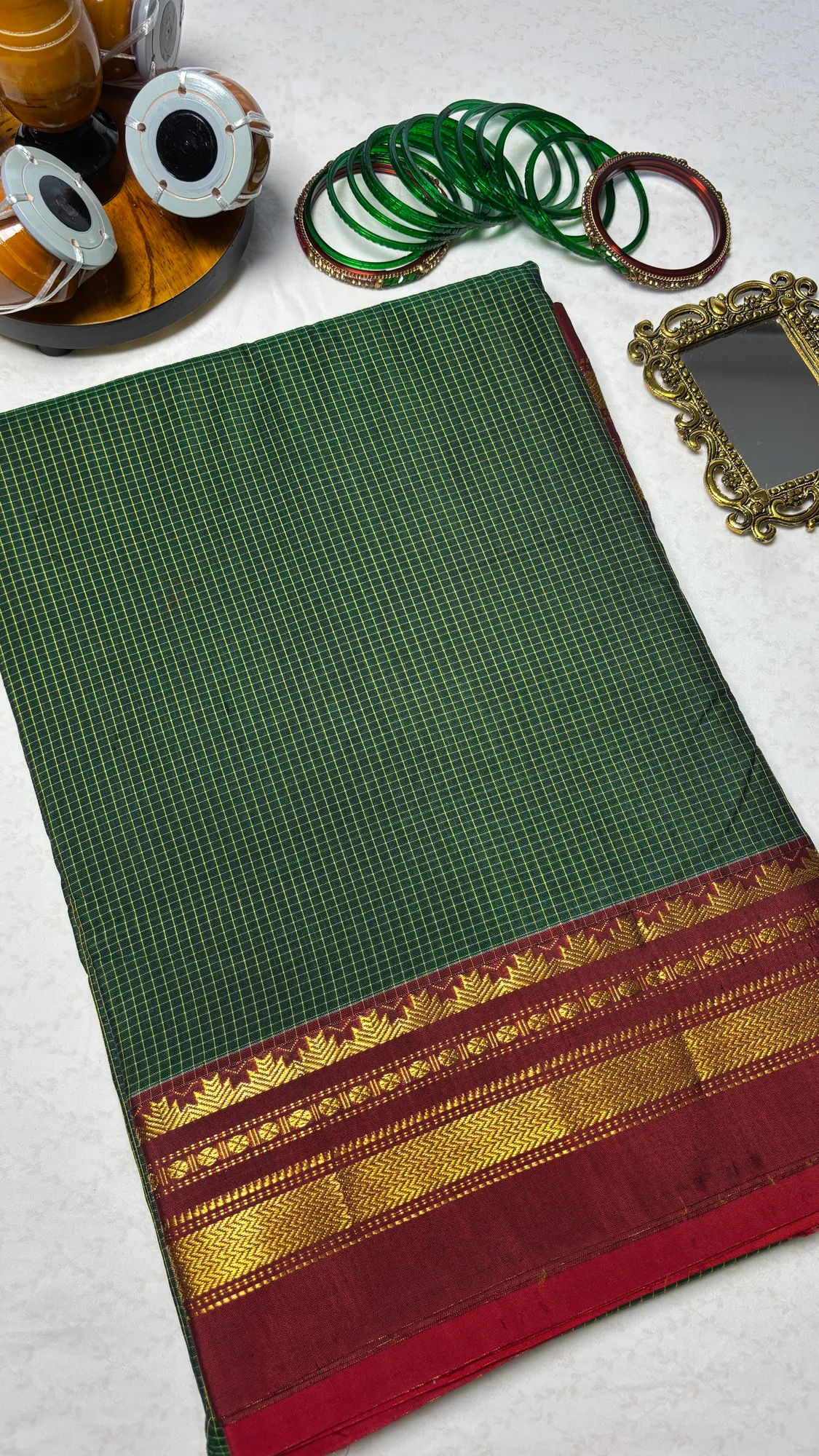 Heritage OG Cotton Silk Ilkal Saree - Green Checks - Maroon with Zari Border