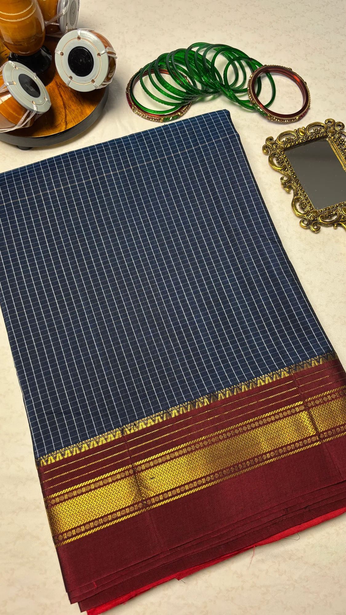 Heritage OG Cotton Silk Ilkal Saree - Blue Checks - Maroon with Zari Border