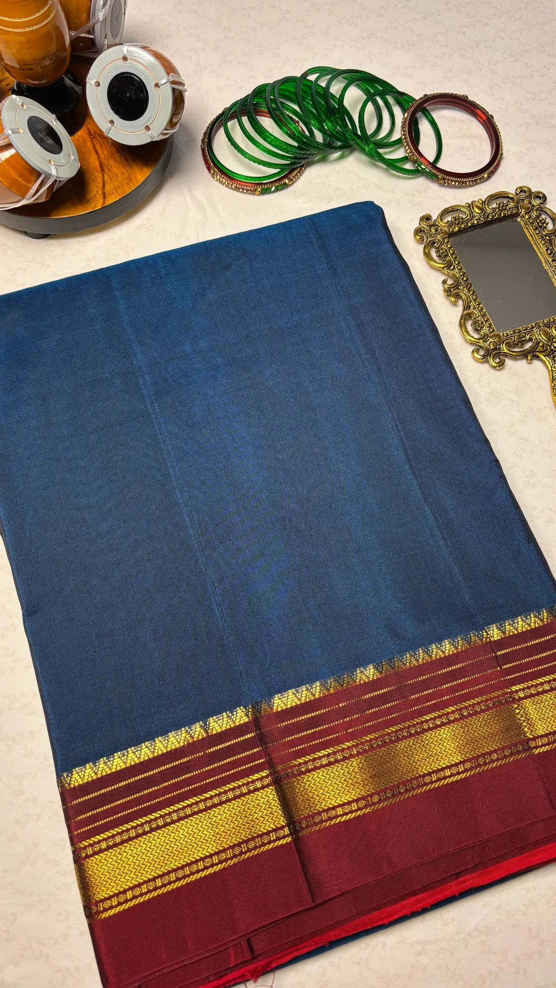 Heritage OG Cotton Silk Ilkal Saree - Teal Blue - Maroon Plain with Zari Border