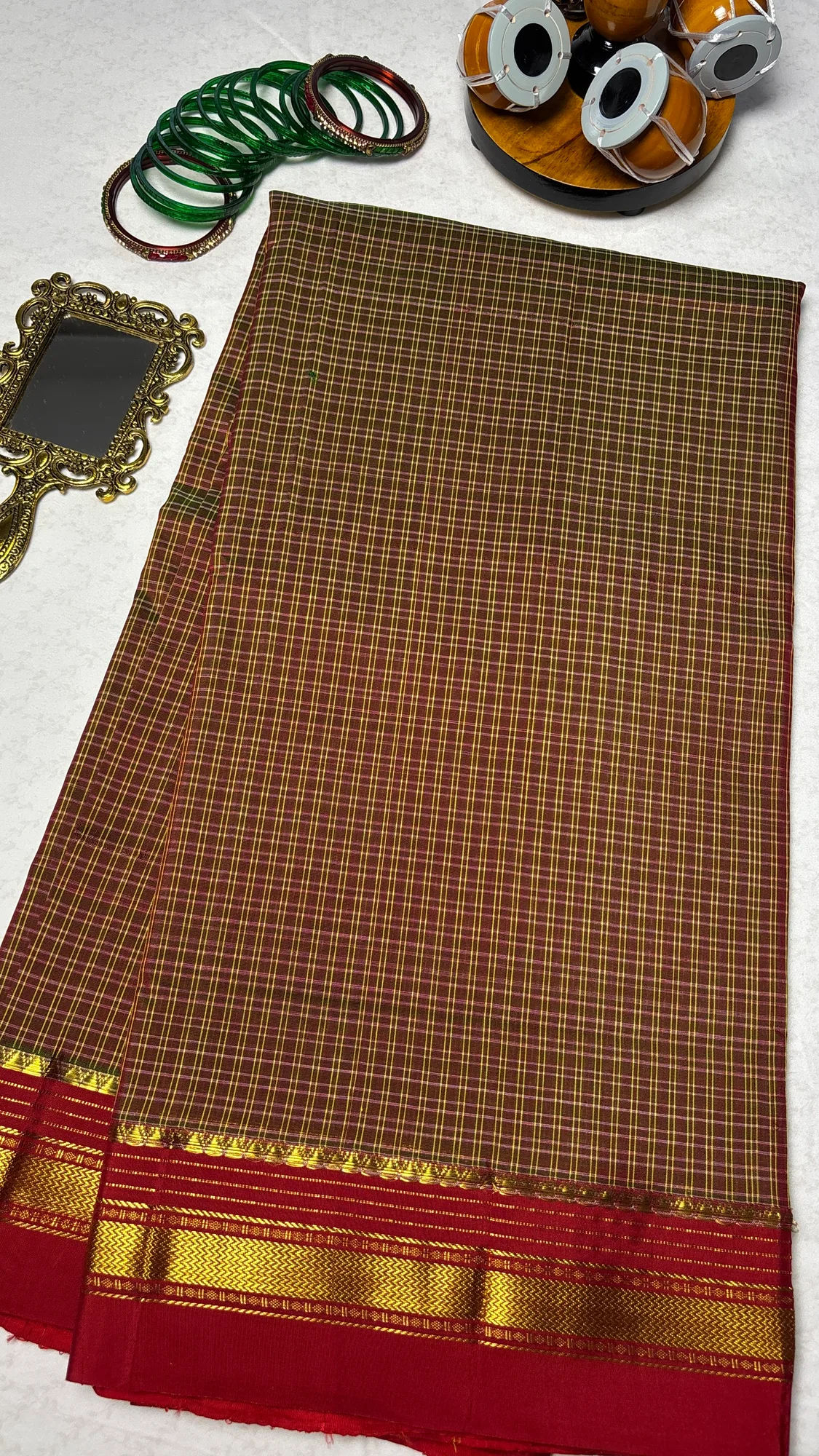 Heritage OG Cotton Silk Ilkal Saree - Brown Ckecks - Maroon with Zari Border authentic saree - view 2