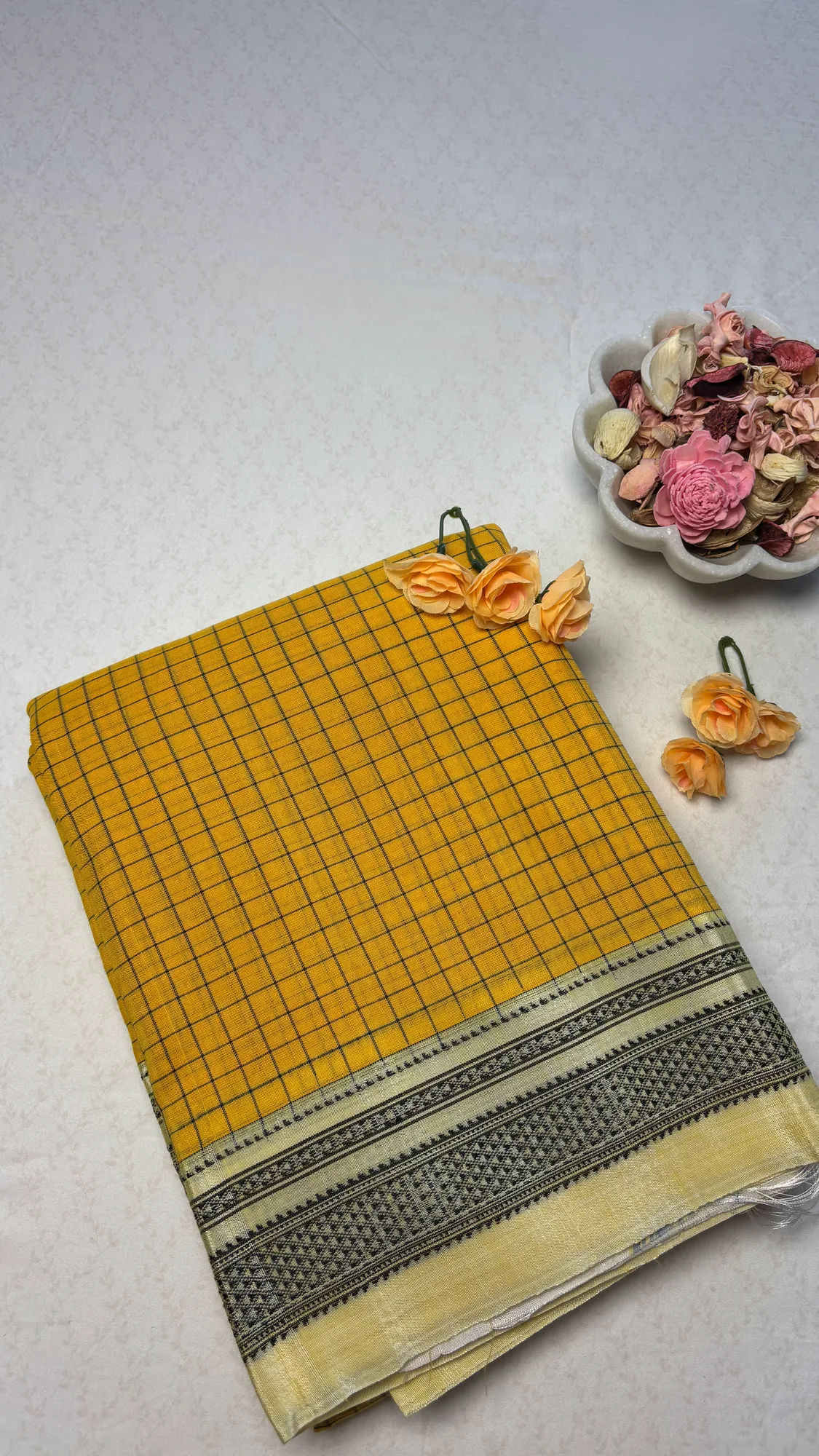 Chikki Paras Pure Cotton Handloom Ilkal Saree - Turmeric Yellow - Macro Checks - Silk Pallu