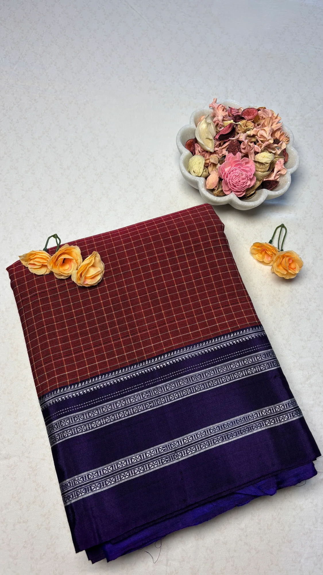 Gayatri Border Pure Cotton Handloom Ilkal Saree - Maroon - Blue Border - Checks - Silk Pallu