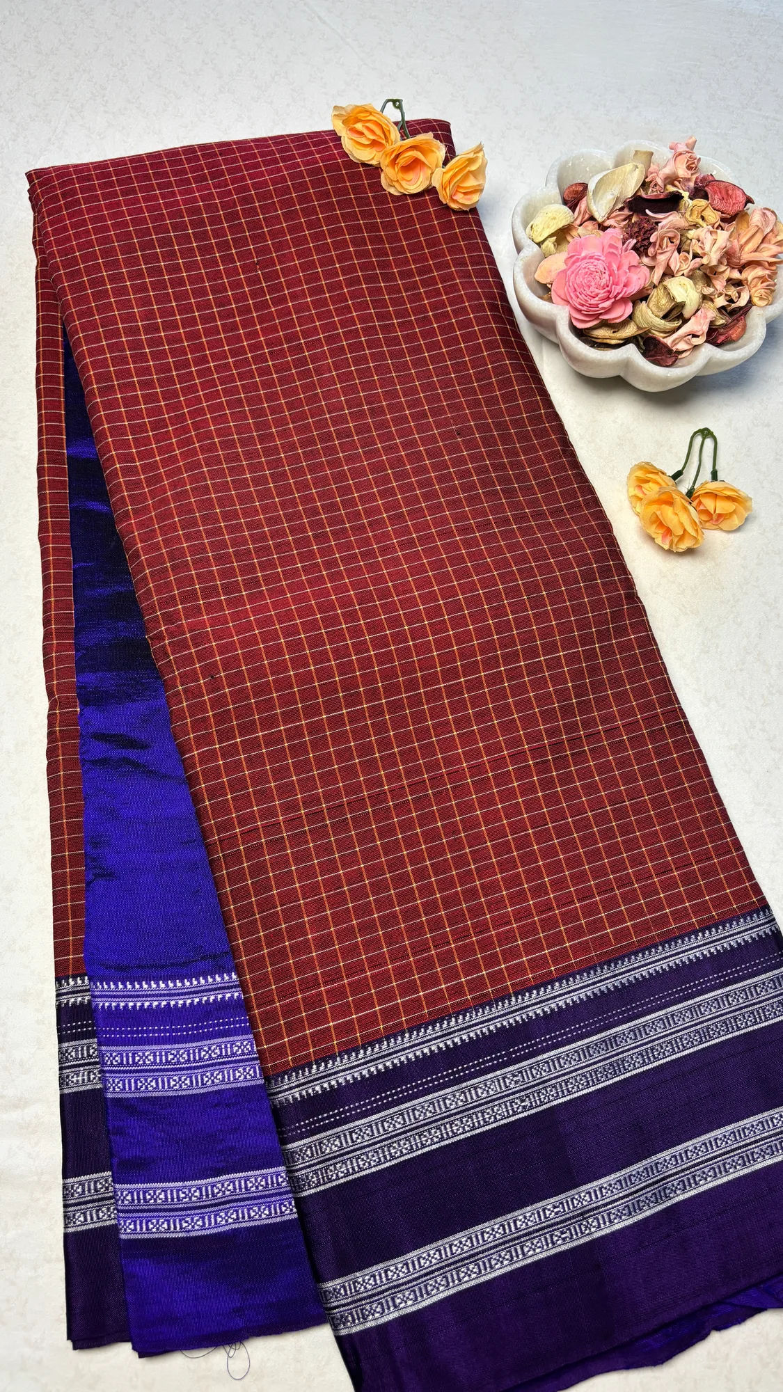 Gayatri Border Pure Cotton Handloom Ilkal Saree - Maroon - Blue Border - Checks - Silk Pallu authentic saree - view 2