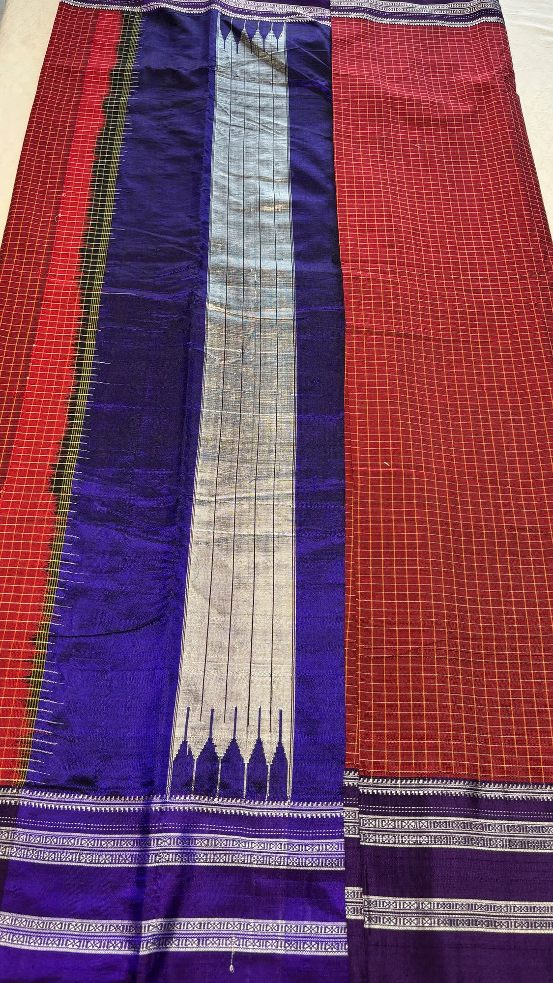 Gayatri Border Pure Cotton Handloom Ilkal Saree - Maroon - Blue Border - Checks - Silk Pallu authentic saree - view 3