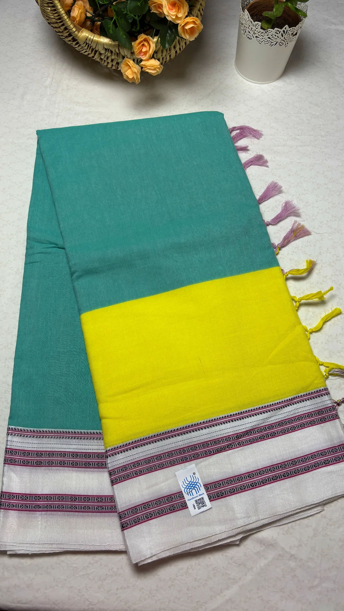 Dual Tone Gayatri Border Pure Cotton Ilkal Saree - Pastel Green - Yellow - Dual Tone