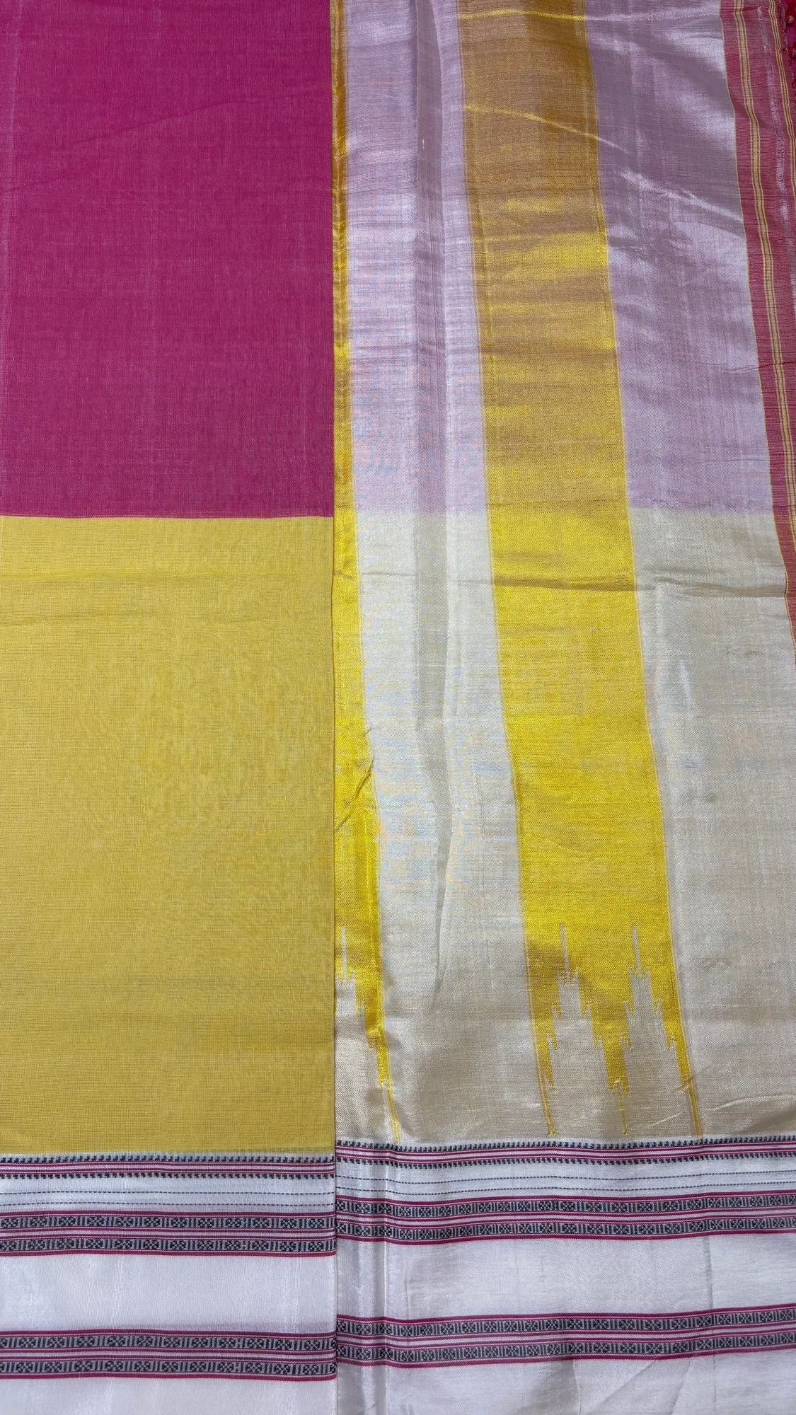 Dual Tone Gayatri Border Pure Cotton Ilkal Saree - Pastel Pink - Yellow - Dual Tone authentic saree - view 5
