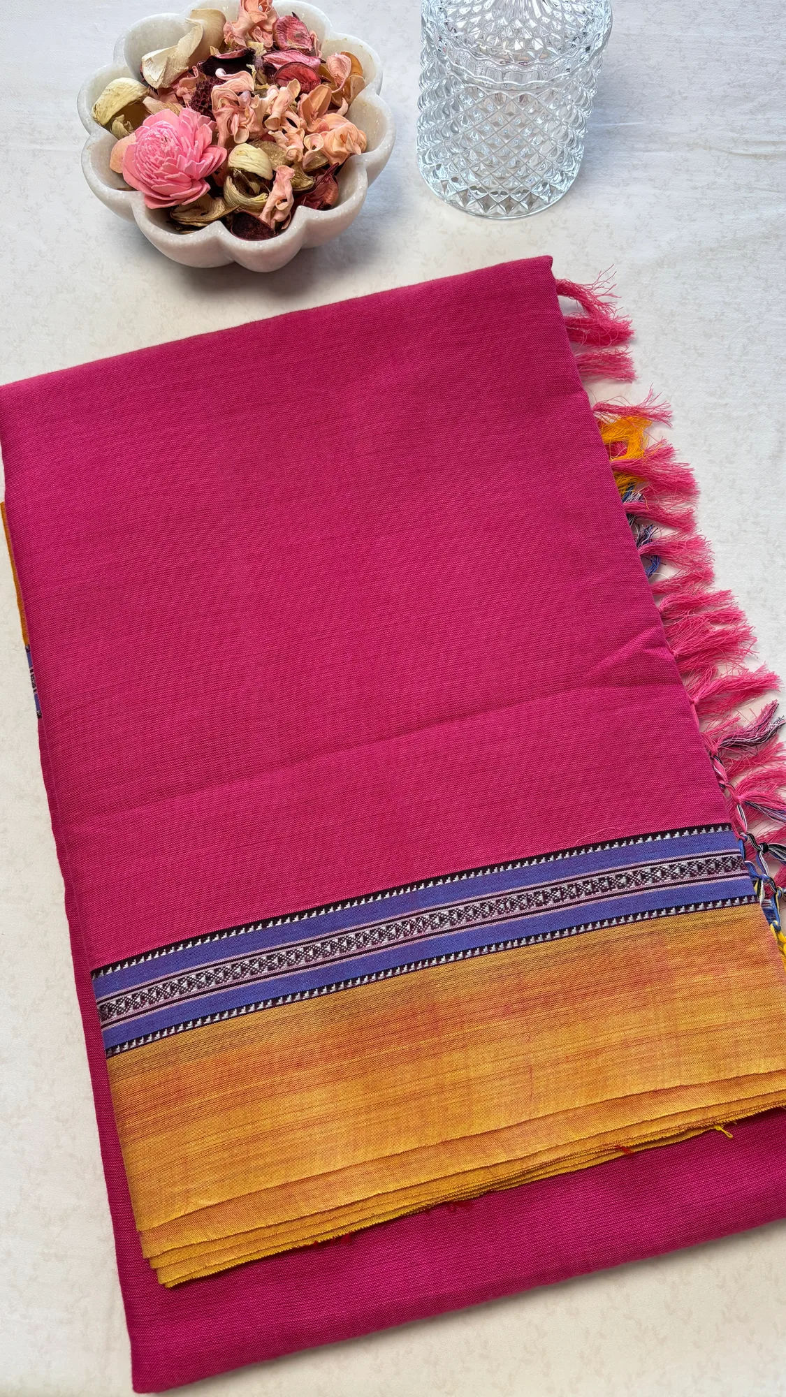 Minimal Chikki Paras Border Pure Cotton Handloom Ilkal - Pink - Yellow