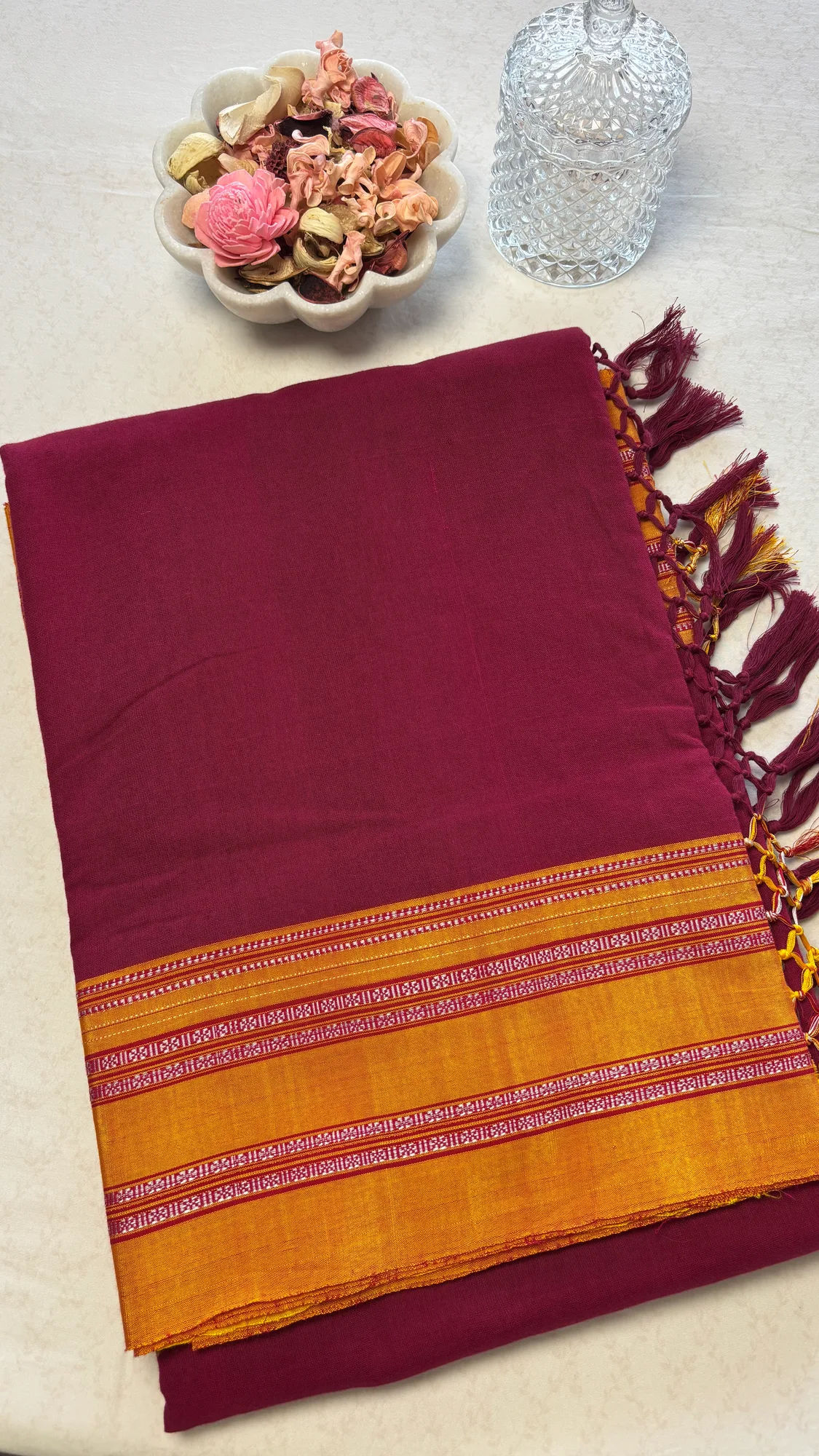 Gayatri Border Pure Cotton Handloom Ilkal Saree - Maroon - Rusty Yellow Border