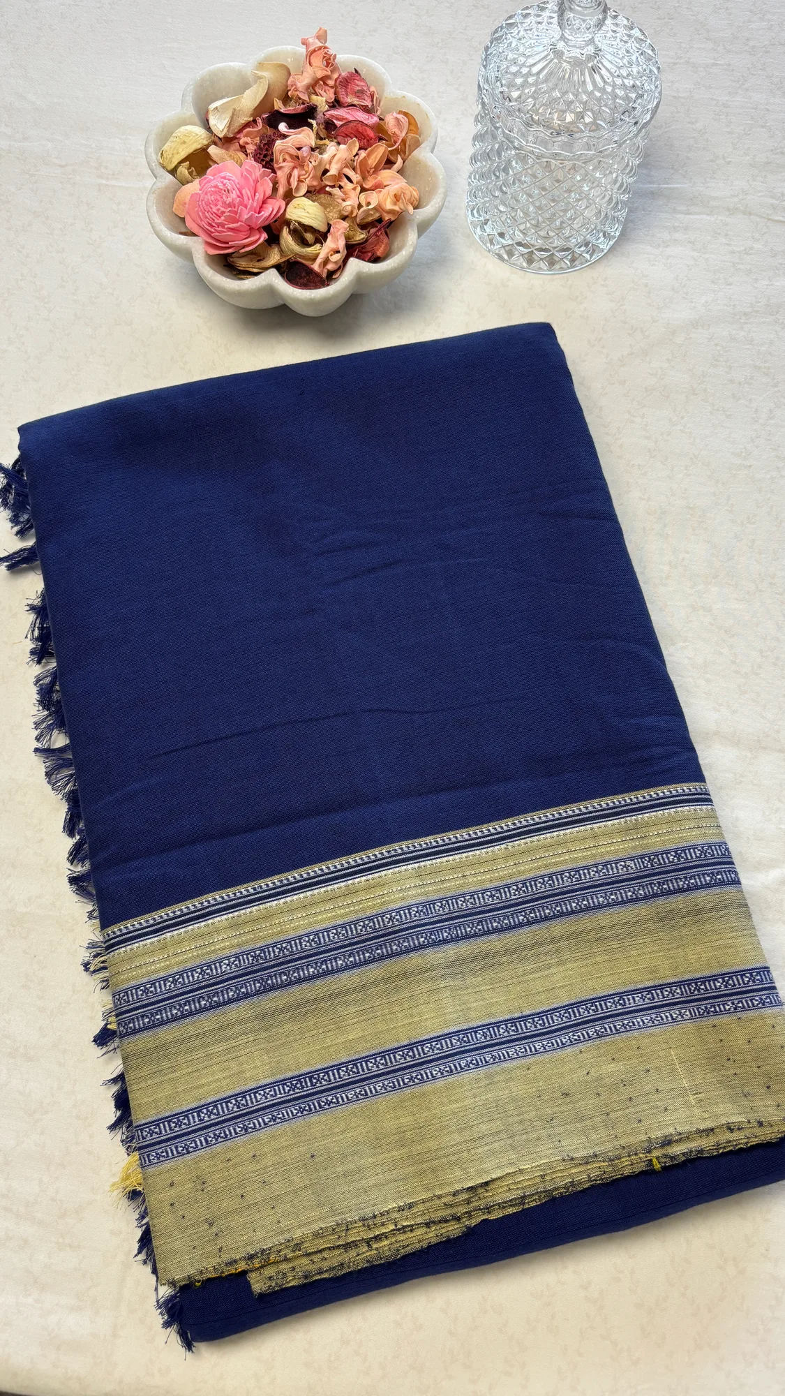 Gayatri Border Pure Cotton Handloom Ilkal Saree - Blue - Rusty Beige