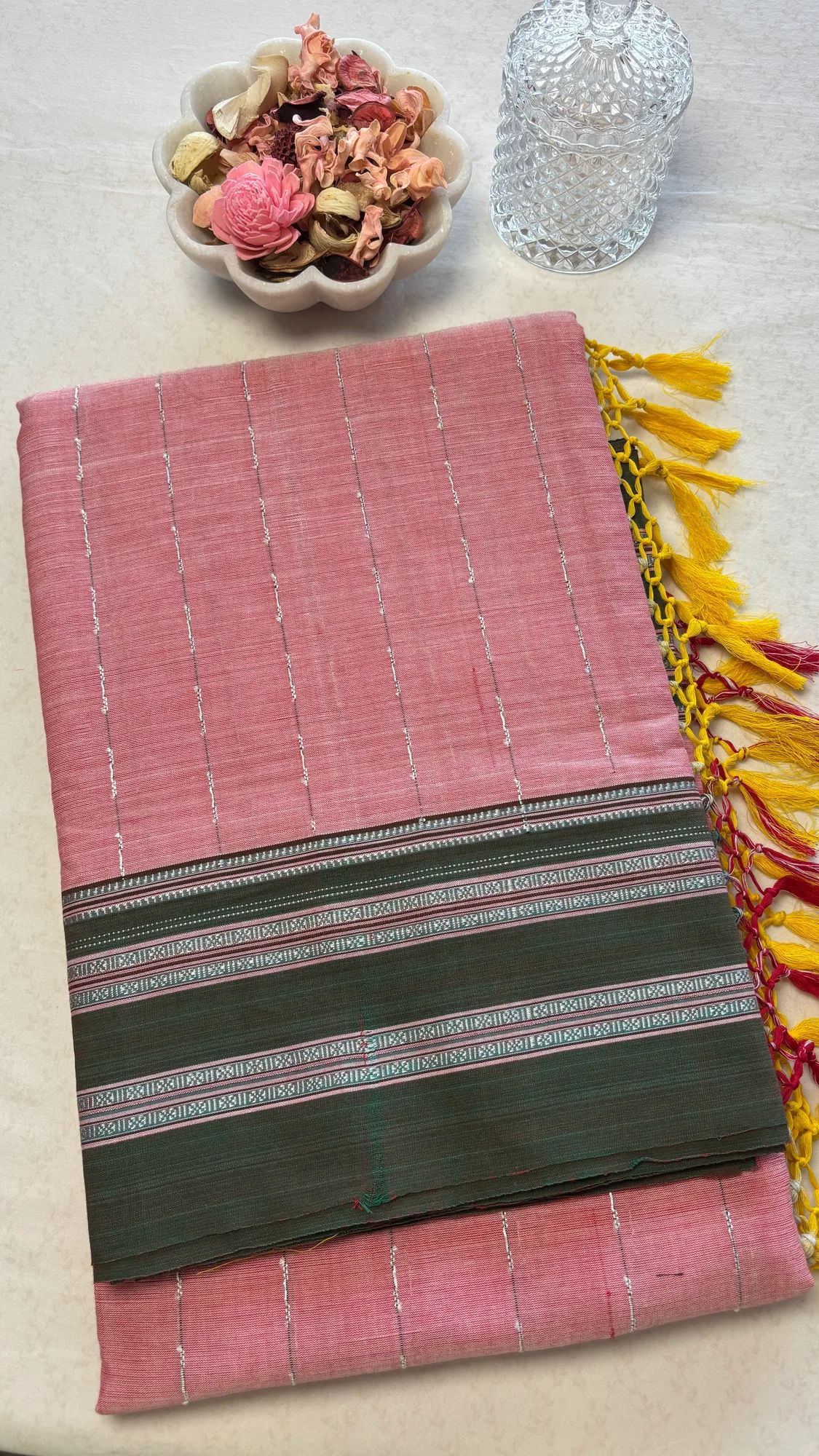 Gayatri Border Pure Cotton Handloom Ilkal Saree - Baby Pink - Olive Green - Thread Lines