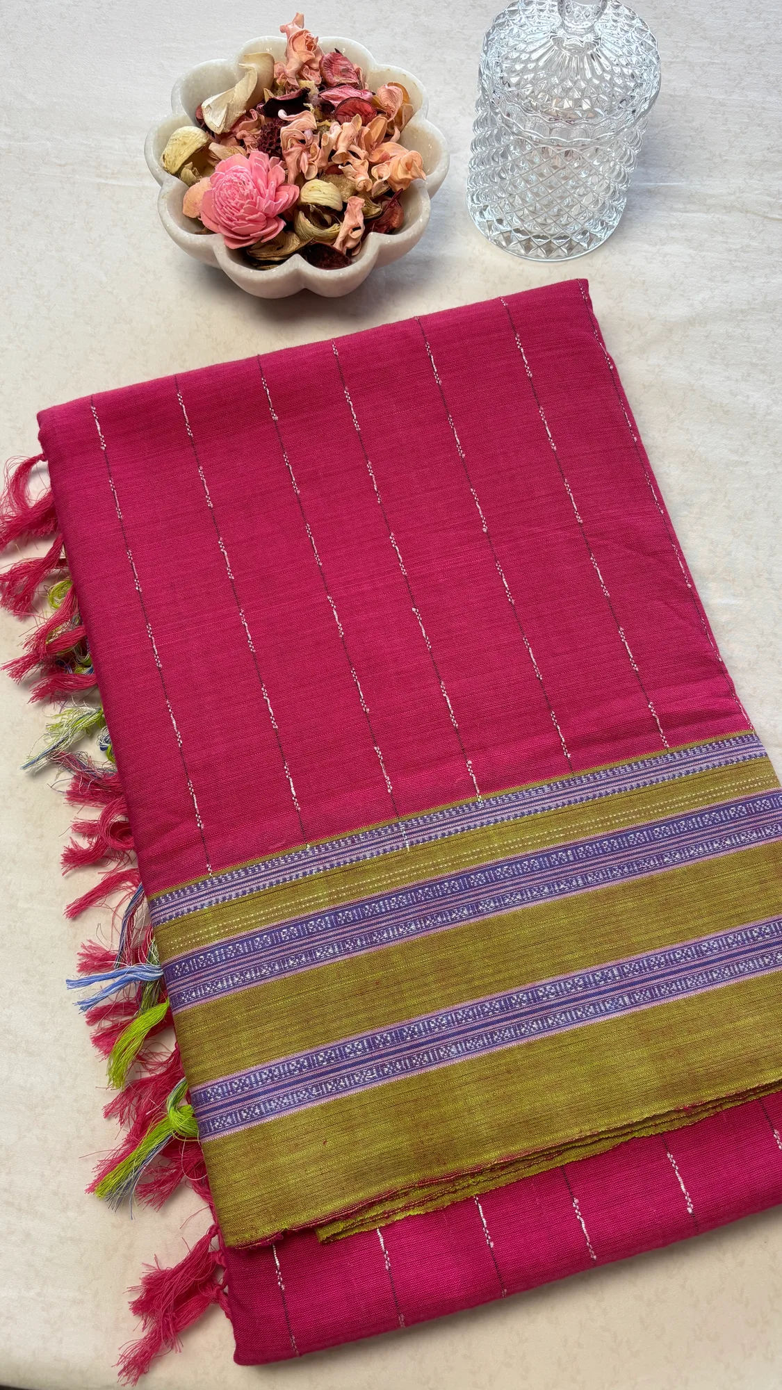 Gayatri Border Pure Cotton Handloom Ilkal Saree - Dark Pink - Parrot Green - Fine Thread Lines