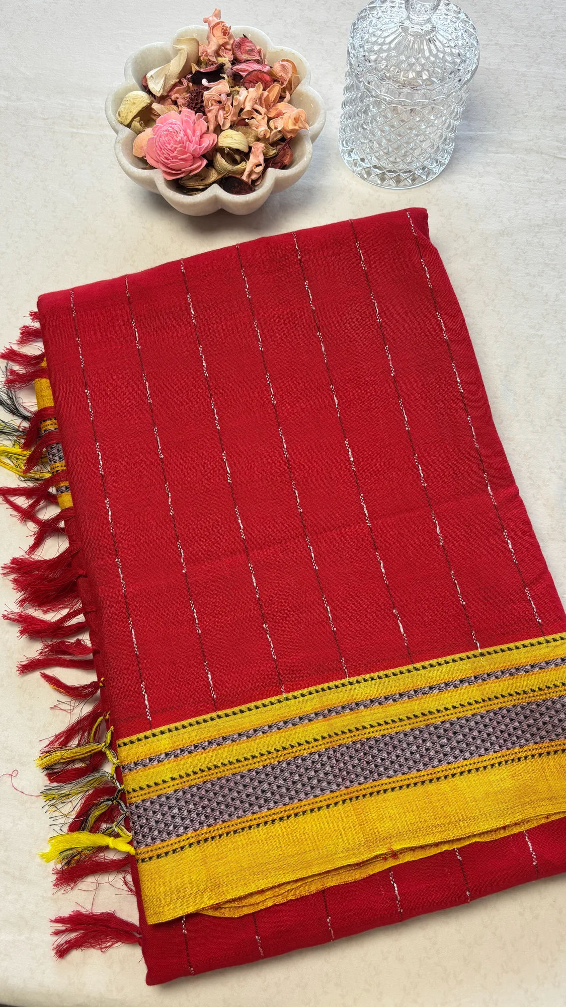 Chikki Paras Pure Cotton Handloom Ilkal Saree - Red - Yellow - Fine Thread Lines