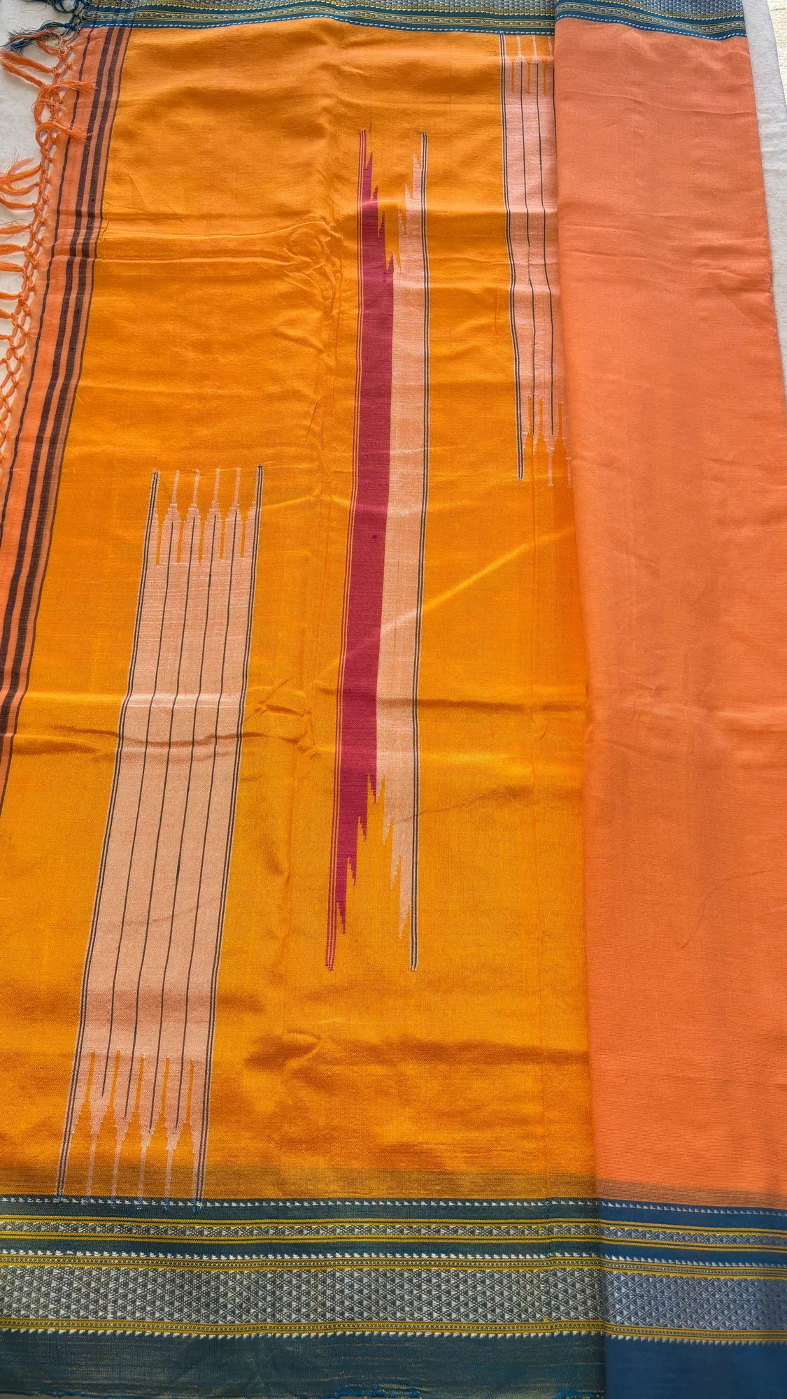 Chikki Paras Pure Cotton Handloom Ilkal Saree - Peach - Dark Aqua Blue Border authentic saree - view 2
