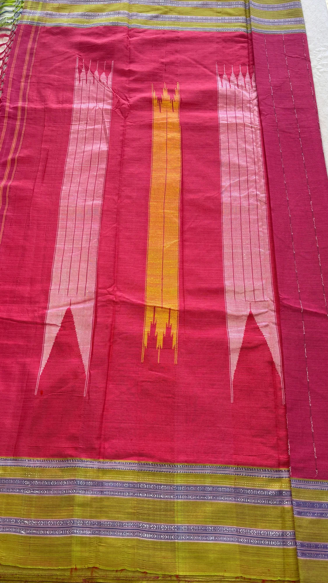 Gayatri Border Pure Cotton Handloom Ilkal Saree - Dark Pink - Parrot Green - Fine Thread Lines authentic saree - view 2