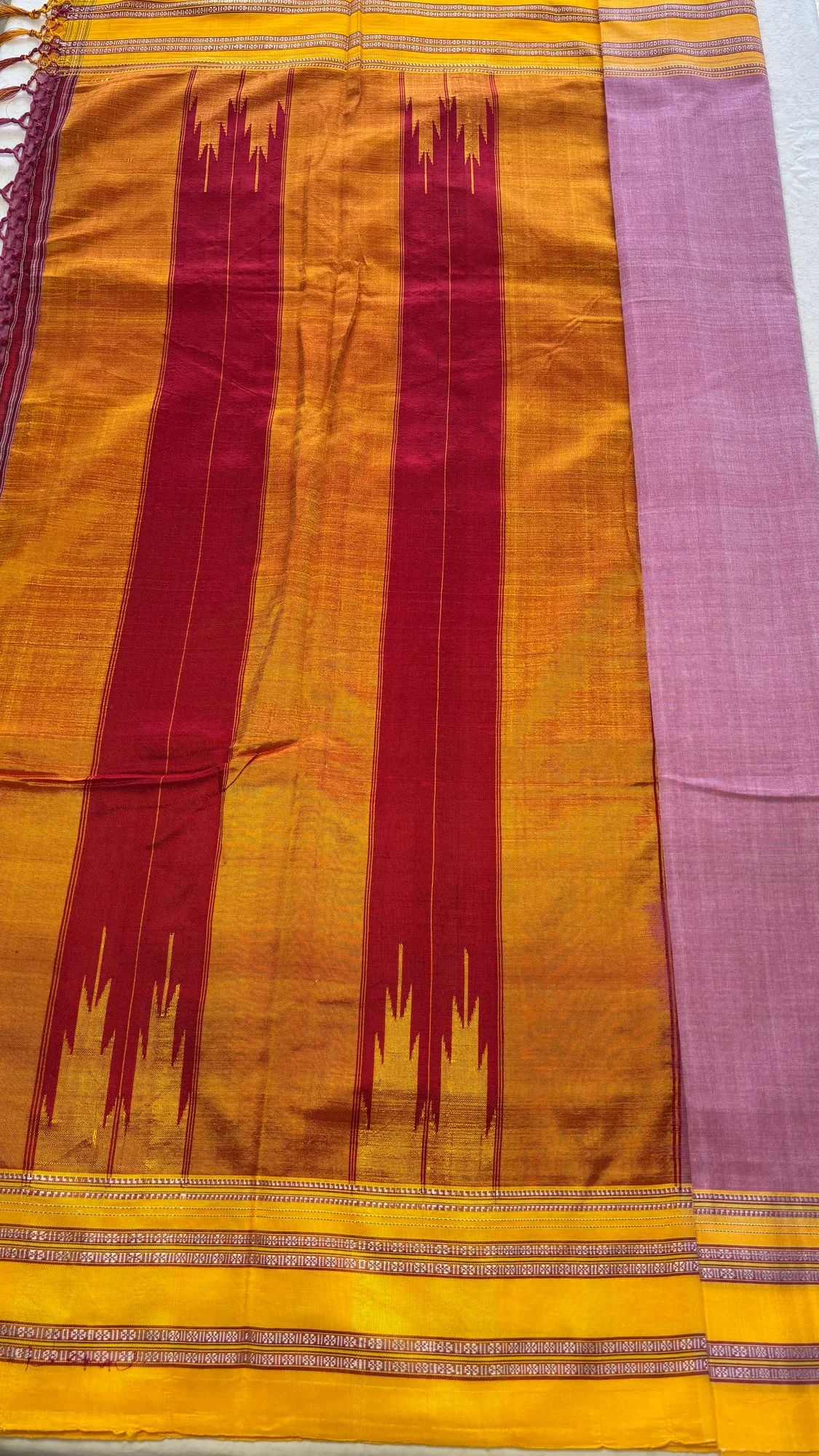 Gayatri Border Pure Cotton Handloom Ilkal Saree - Pink - Yellow Border authentic saree - view 2