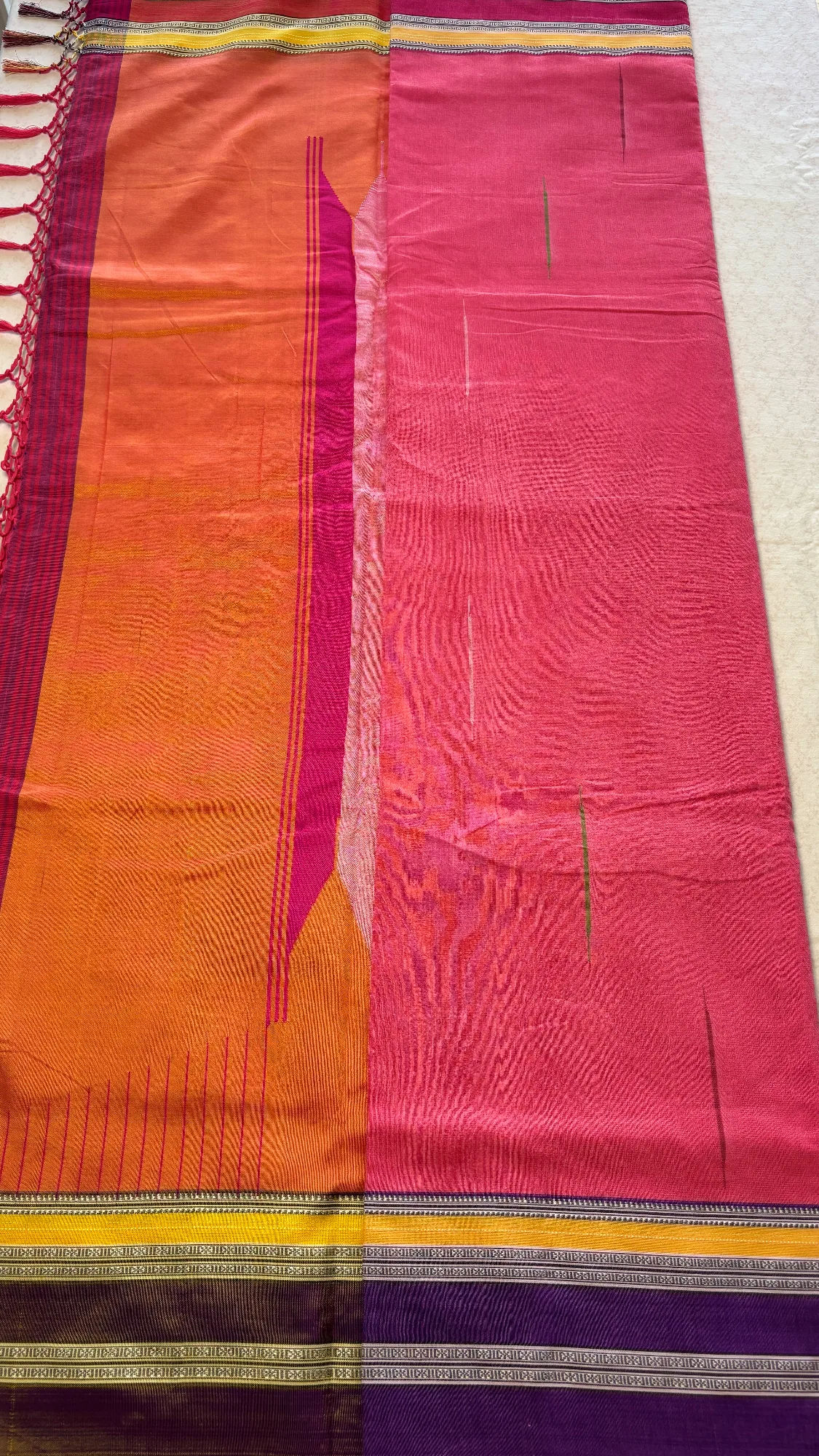 Unique Pure Cotton Sarees with Intricate weaving - Peachy Pink - Pink and Purple Gayatri Border authentic saree - view 2