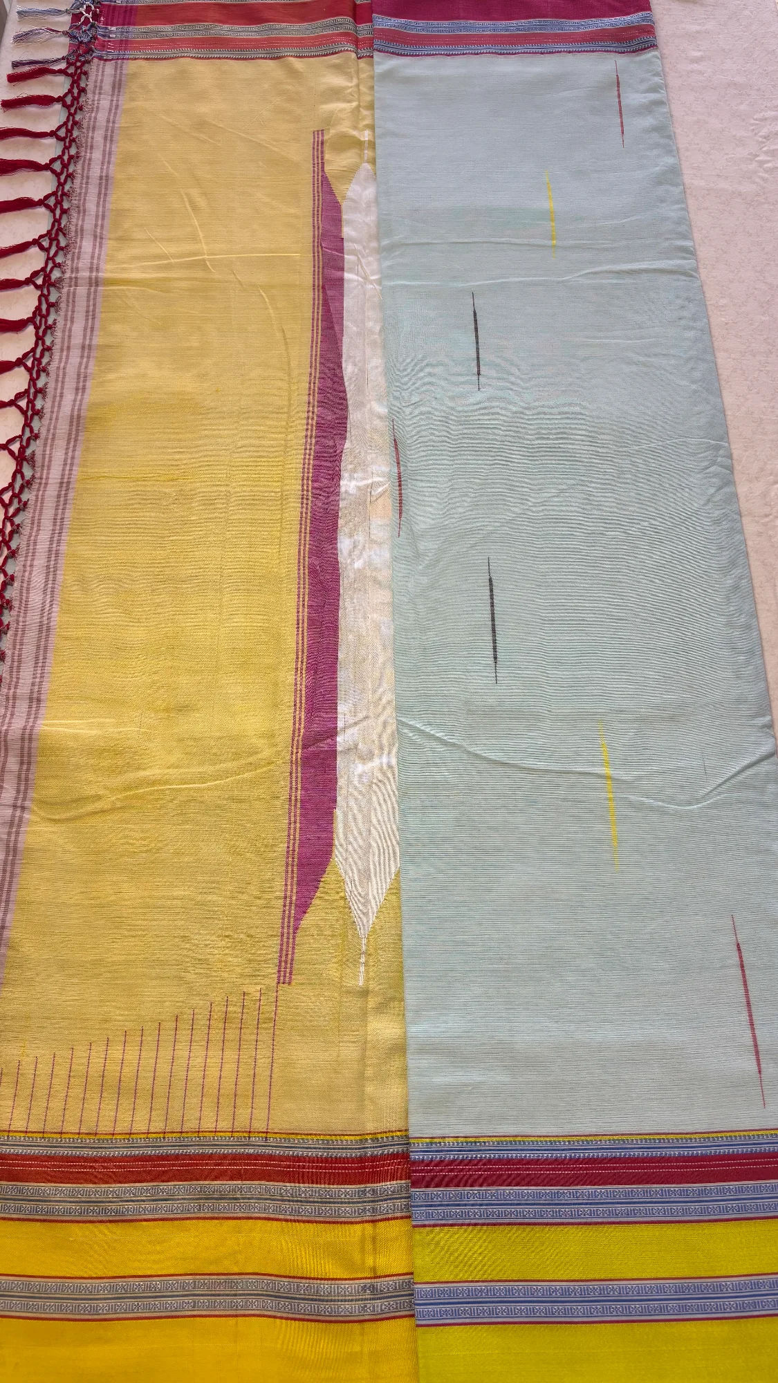 Unique Pure Cotton Sarees with Intricate weaving - Sky Blue - Pink and Yellow Gayatri Border authentic saree - view 3