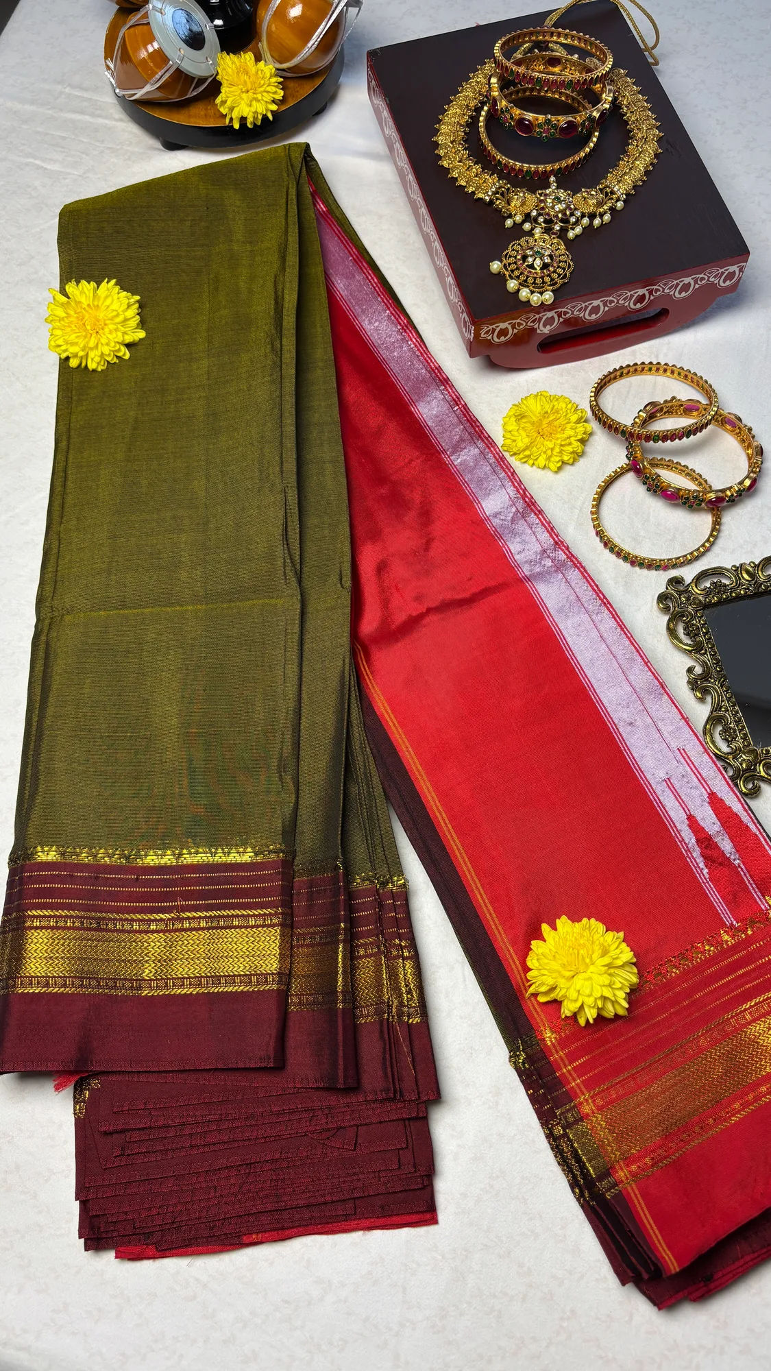 Heritage OG Cotton Silk Ilkal Saree - Mehendi Green - Maroon Plain with Zari Border
