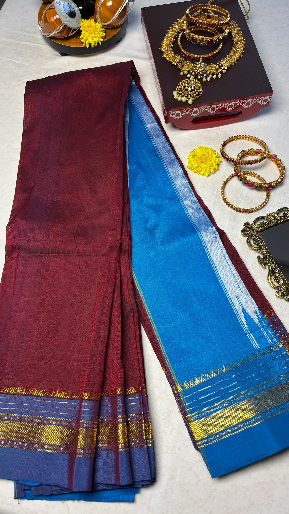 Heritage OG Cotton Silk Ilkal Saree - Maroon - Blue Plain with Zari Border
