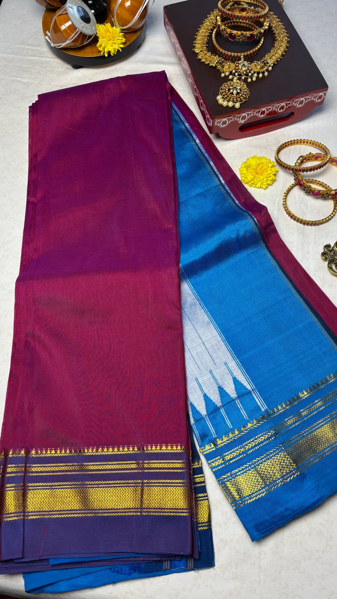 Heritage OG Cotton Silk Ilkal Saree - Rani Pink - Blue Plain with Zari Border