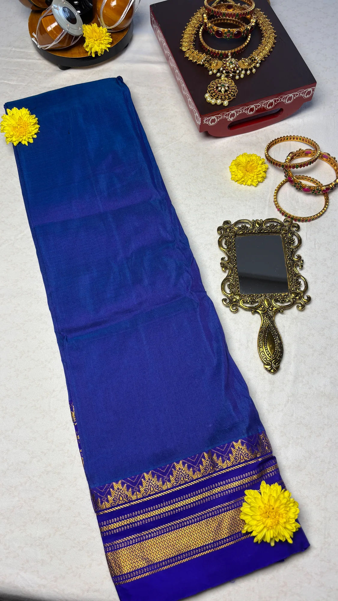 Heritage OG Cotton Silk Ilkal Saree - Blue Plain with Temple Border