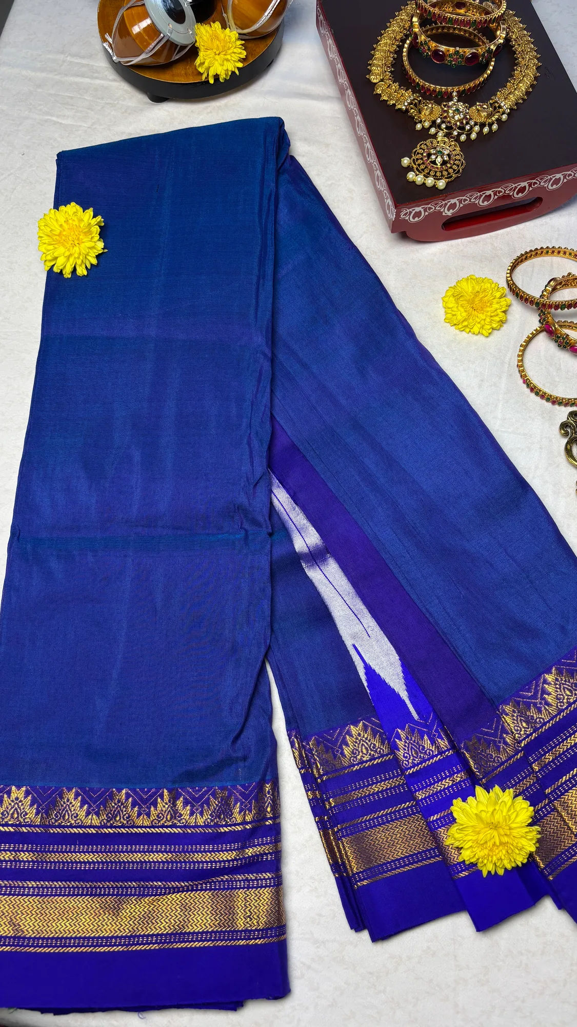 Heritage OG Cotton Silk Ilkal Saree - Blue Plain with Temple Border