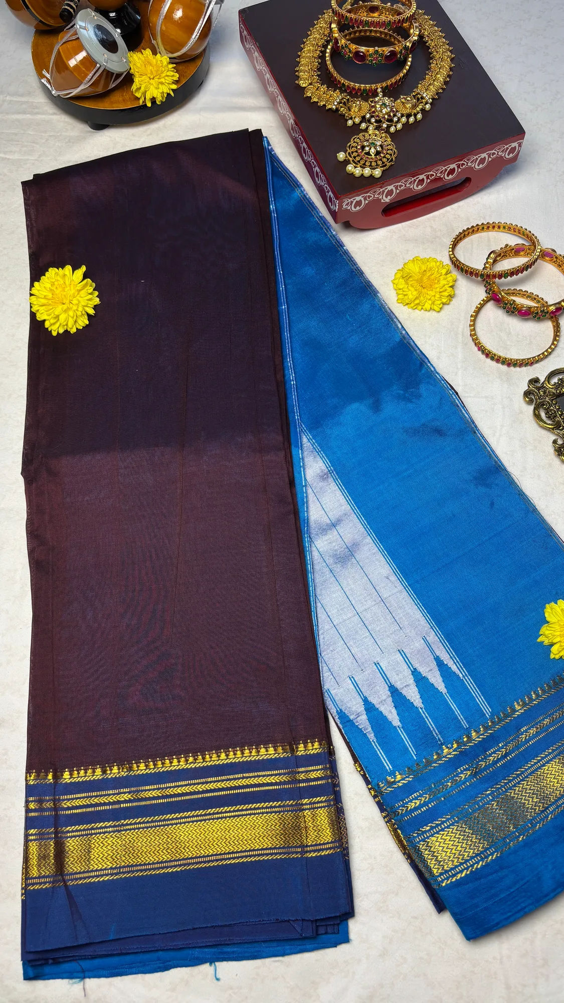 Heritage OG Cotton Silk Ilkal Saree - Dark Brown - Blue Plain with Zari Border