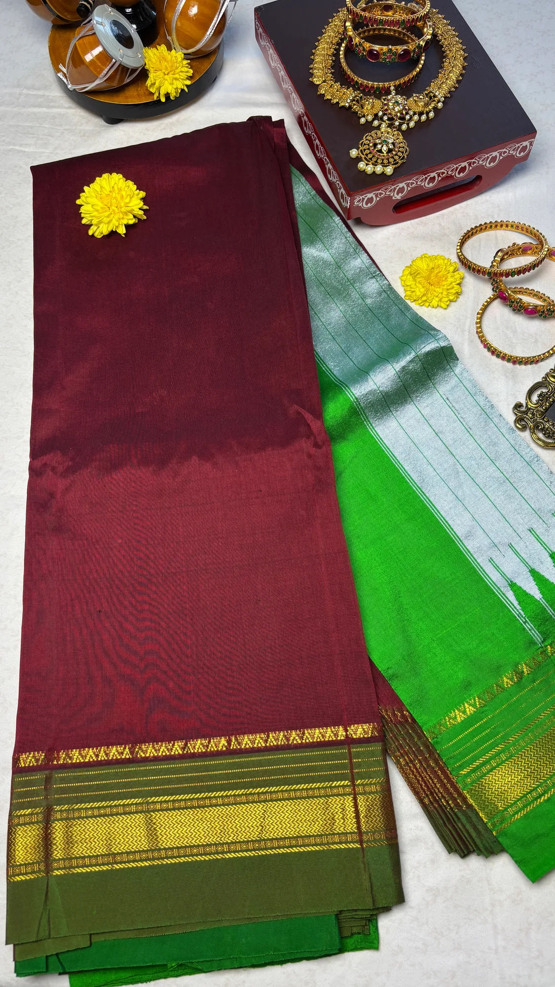 Heritage OG Cotton Silk Ilkal Saree - Maroon - Mehendi Green Plain with Zari Border