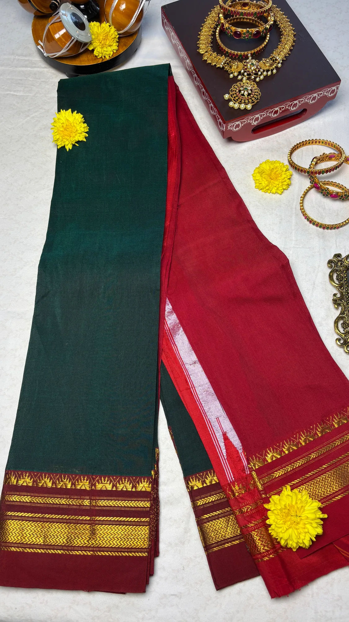 Heritage OG Cotton Silk Ilkal Saree - Bottle Green - Maroon Plain with Zari Border