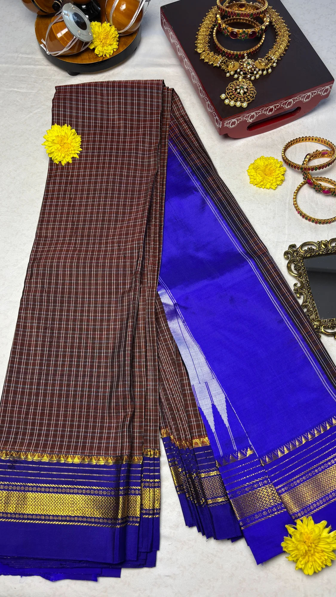 Heritage OG Cotton Silk Ilkal Saree - Brown Checks - Blue with Zari Border