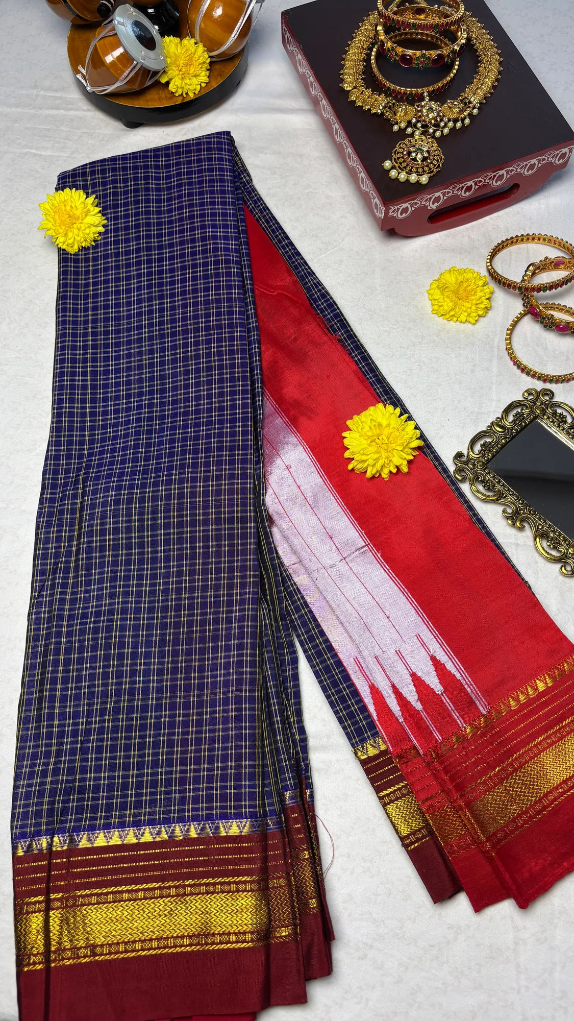 Heritage OG Cotton Silk Ilkal Saree - Navy Blue Checks - Maroon