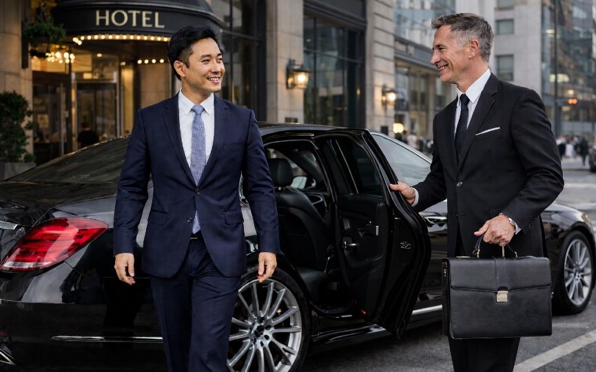 Businessman approaching a luxury car service at a NYC hotel
