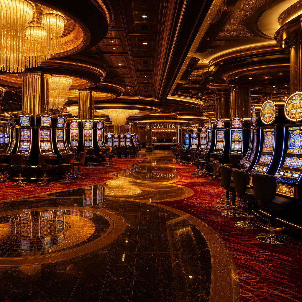 Suasana kasino virtual mewah dengan pencahayaan emas hangat di Slot Maxwin