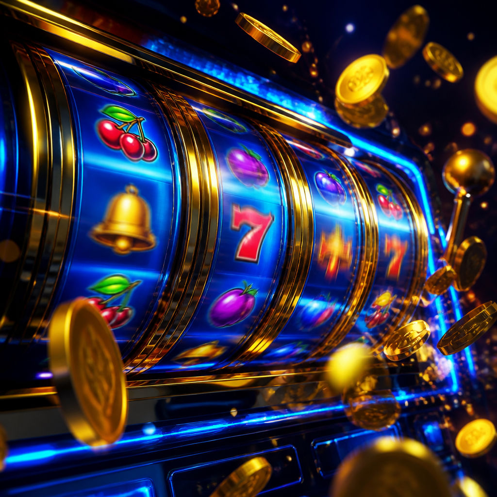 Mesin slot BK8 dengan efek cahaya neon biru dan koin emas
