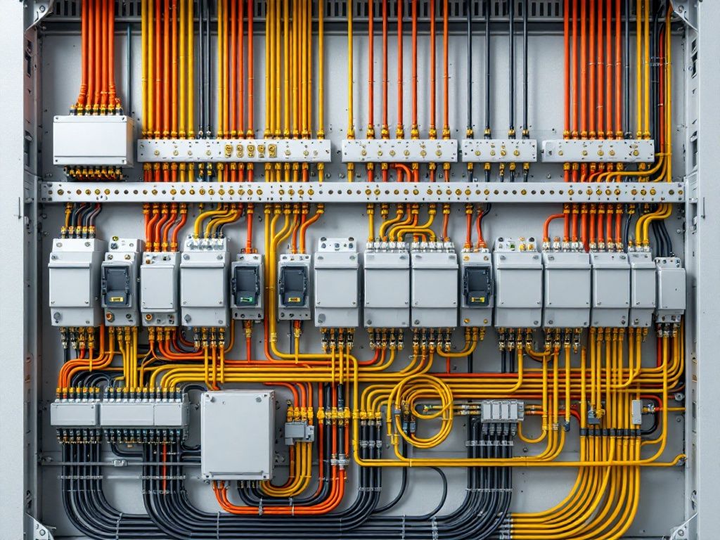 A photorealistic shot capturing a modern, well-organized electrical panel with neatly arranged wires and junction boxes, symbolizing a safe and efficient electrical installation