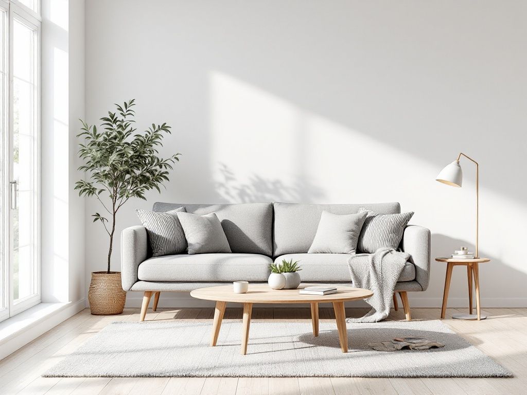 A photorealistic shot capturing a bright, airy Scandinavian-style living room with white walls, large windows, and minimalist furniture in light wood tones. A cozy grey sofa with textured throw pillows is centered, complemented by a simple wooden coffee table and a statement floor lamp.