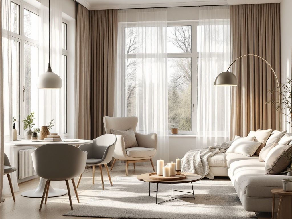 A photorealistic shot capturing a Scandinavian-style living room with layered lighting. The space features large windows allowing ample natural light, complemented by a minimalist pendant light over a dining table. A sleek floor lamp arches over a reading nook, while candles on a coffee table add warmth. Sheer curtains softly filter the daylight, creating a bright yet cozy atmosphere.