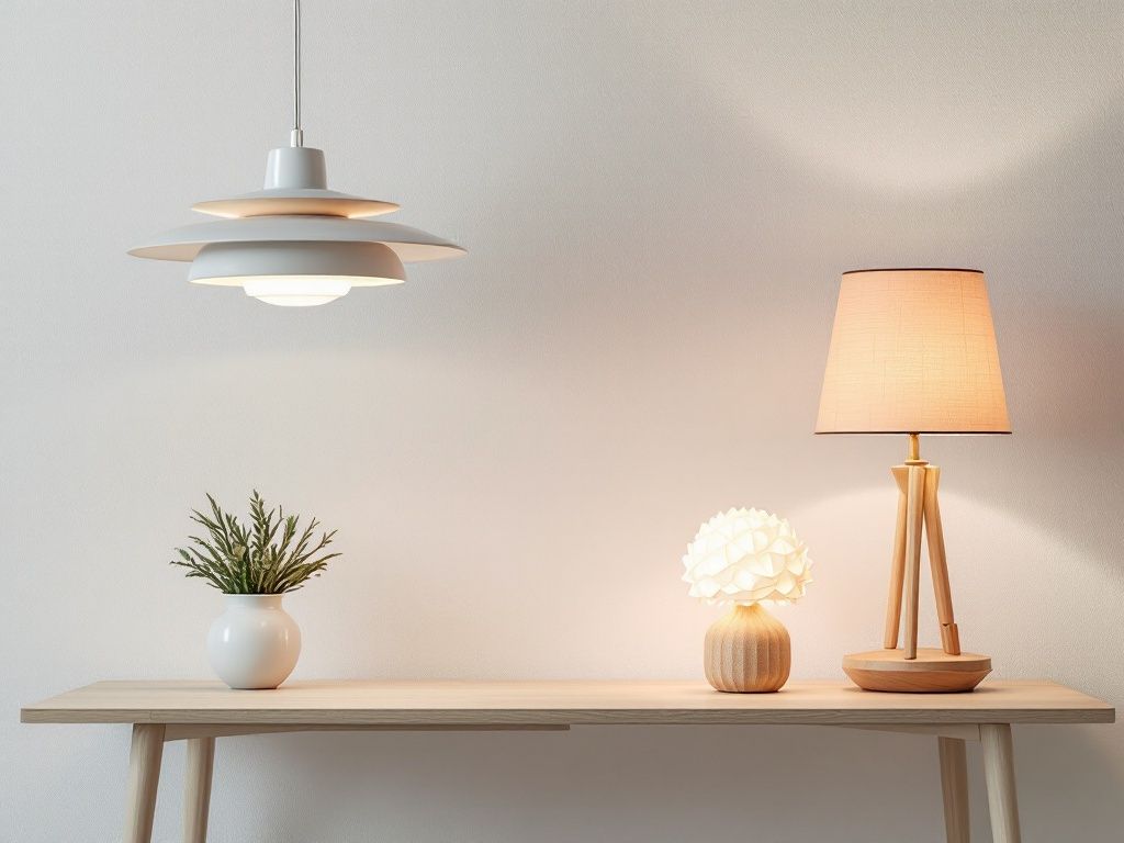 A photorealistic shot capturing a collection of iconic Scandinavian lighting designs. The image showcases a PH5 pendant lamp by Poul Henningsen, an Artichoke lamp, and a simple yet elegant table lamp with a fabric shade. These pieces are arranged on a light wooden surface against a white background, demonstrating the blend of form and function in Nordic lighting design.