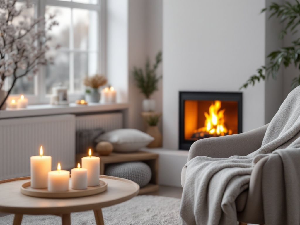 A photorealistic shot capturing a cozy Scandinavian evening scene. The image shows a corner of a living room with a simple fireplace emitting a warm glow. Candles of various sizes are arranged on a wooden coffee table and windowsill, their soft light reflecting off white walls. A comfortable armchair with a soft throw blanket completes the hygge atmosphere.