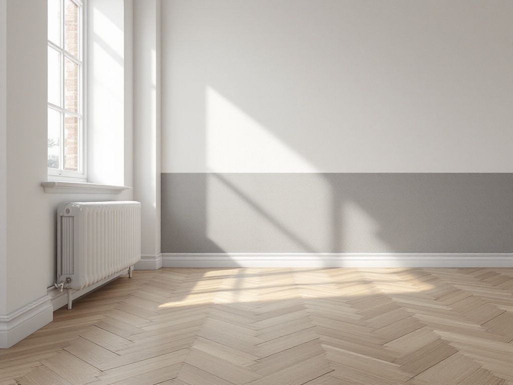 A photorealistic shot capturing a Scandinavian-style room focusing on flooring and finishes. The image shows light oak hardwood flooring in a herringbone pattern, contrasting beautifully with white walls. A portion of the wall features subtle textured wallpaper in a soft grey tone. Natural light from a large window highlights the warm, organic feel of the materials.