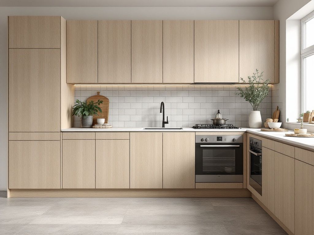 A photorealistic shot capturing a Scandinavian-style kitchen showcasing various natural finishes. The image features light wood cabinets with a matte finish, contrasting with a white quartz countertop. A backsplash of handmade ceramic tiles in a soft grey adds texture. The floor is covered in large, matte porcelain tiles mimicking the look of concrete, providing a modern yet warm feel.