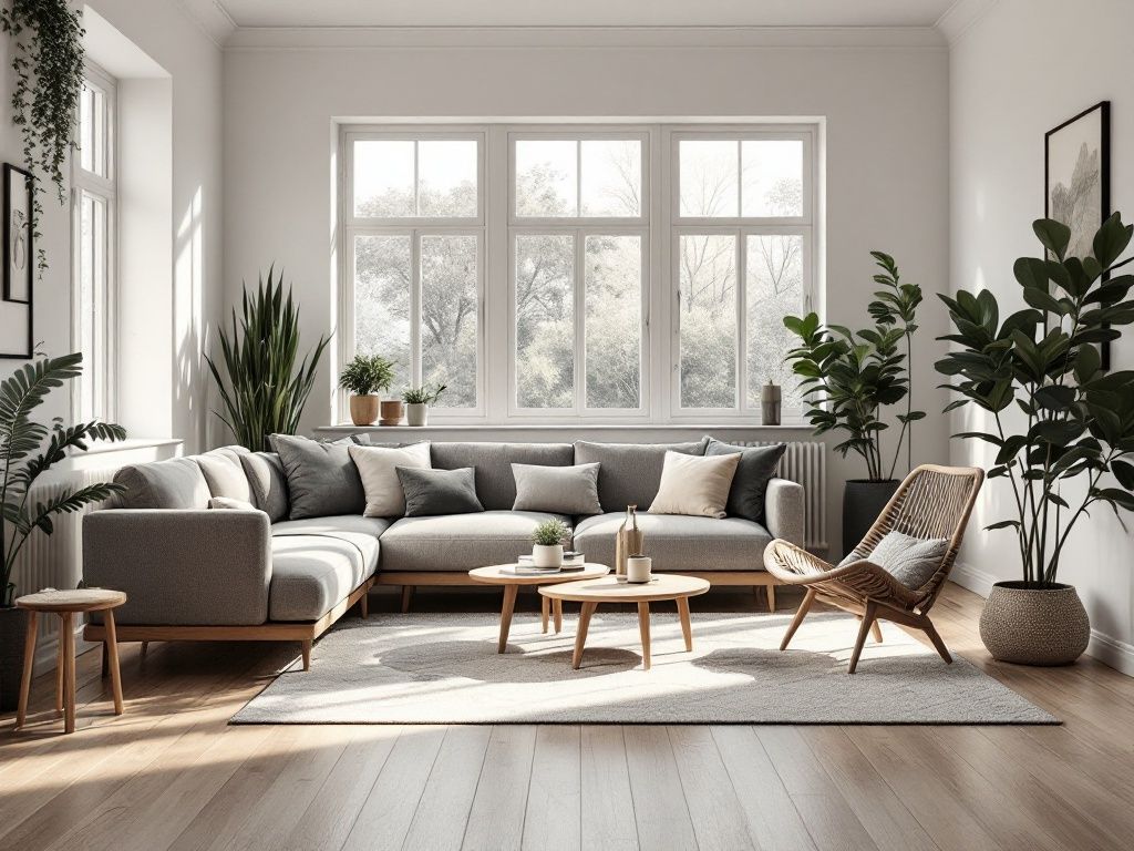 A photorealistic shot capturing a beautifully styled Scandinavian living room that embodies all the key elements discussed. The space features light wood flooring, white walls with subtle texture, and large windows allowing plenty of natural light. A minimalist grey sofa is adorned with textured cushions in muted colors. A simple wooden coffee table, iconic Scandinavian chair, and strategically placed plants complete the look. Soft, layered lighting creates a warm and inviting atmosphere.
