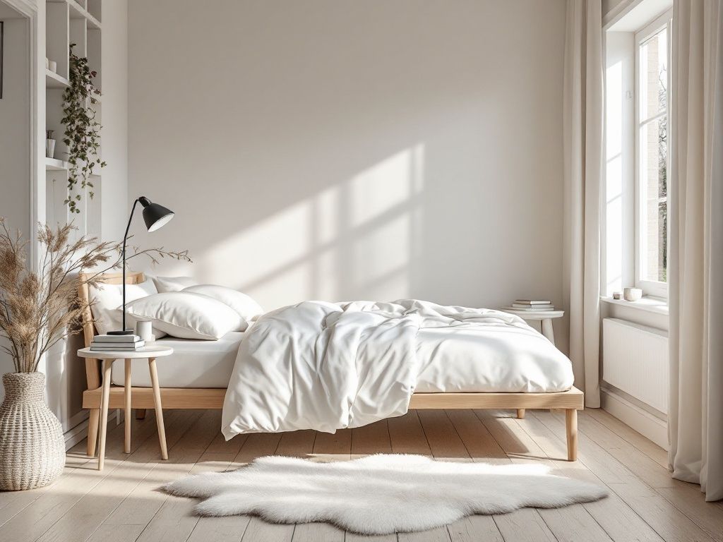 A photorealistic shot capturing a cozy Scandinavian bedroom corner with a simple wooden bed frame, crisp white bedding, and a soft sheepskin rug on a light wooden floor. A small side table holds a minimalist lamp and a few books, while a large window lets in natural light.