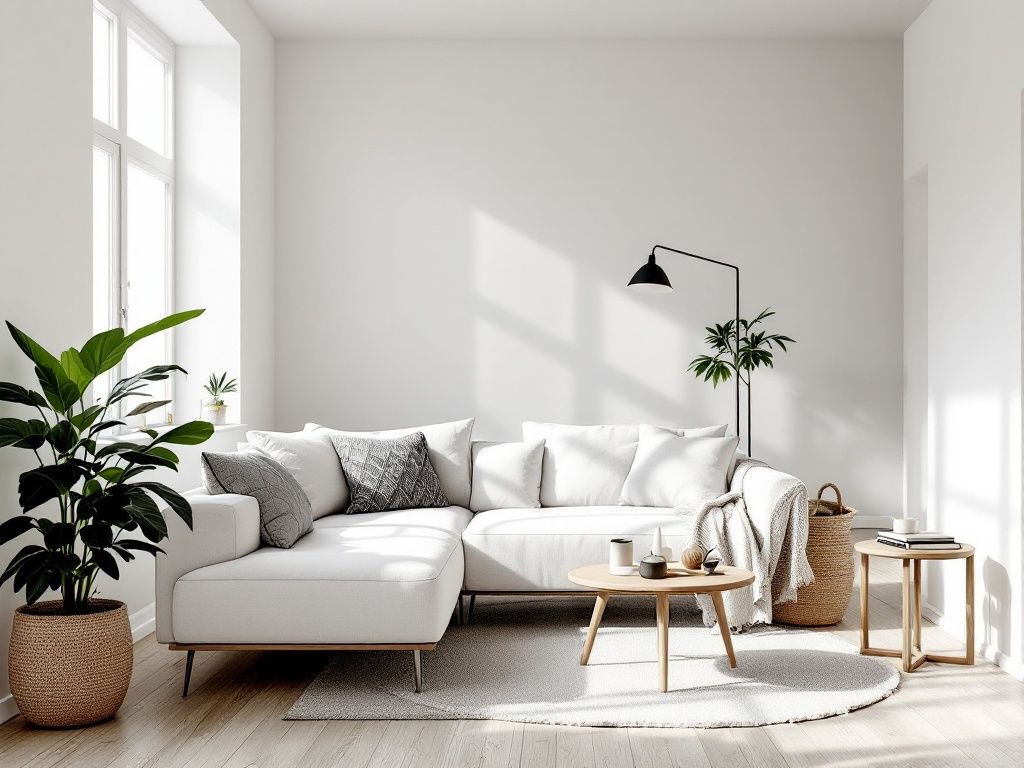 A photorealistic shot capturing a Scandinavian-style open-plan living area showcasing key design elements: a plain white sofa with textured cushions, a simple wooden coffee table, a minimalist floor lamp, and a large potted plant. Natural light floods in through large windows, highlighting the light wood flooring and white walls.